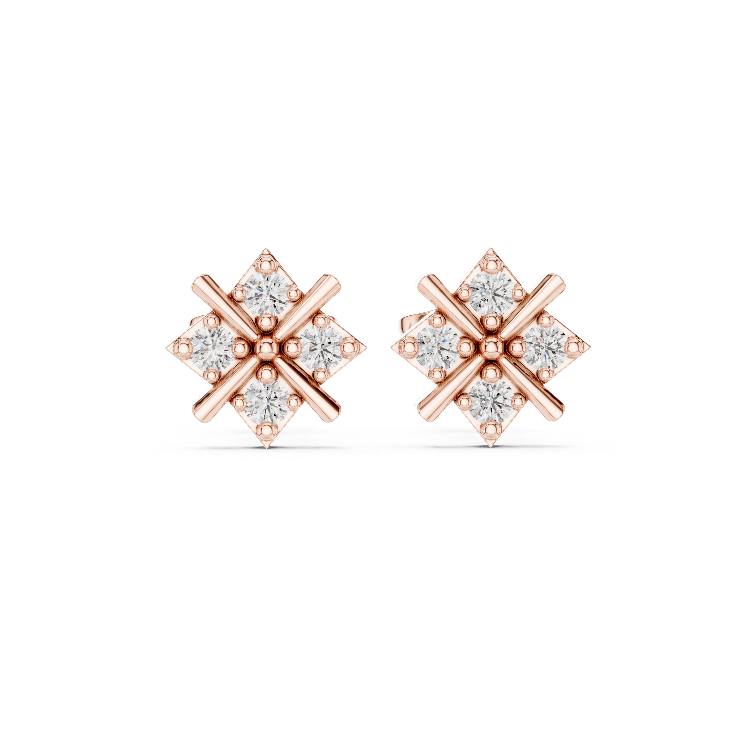Rose Gold Geometric Cross Lattice Diamond Cluster Stud Earrings