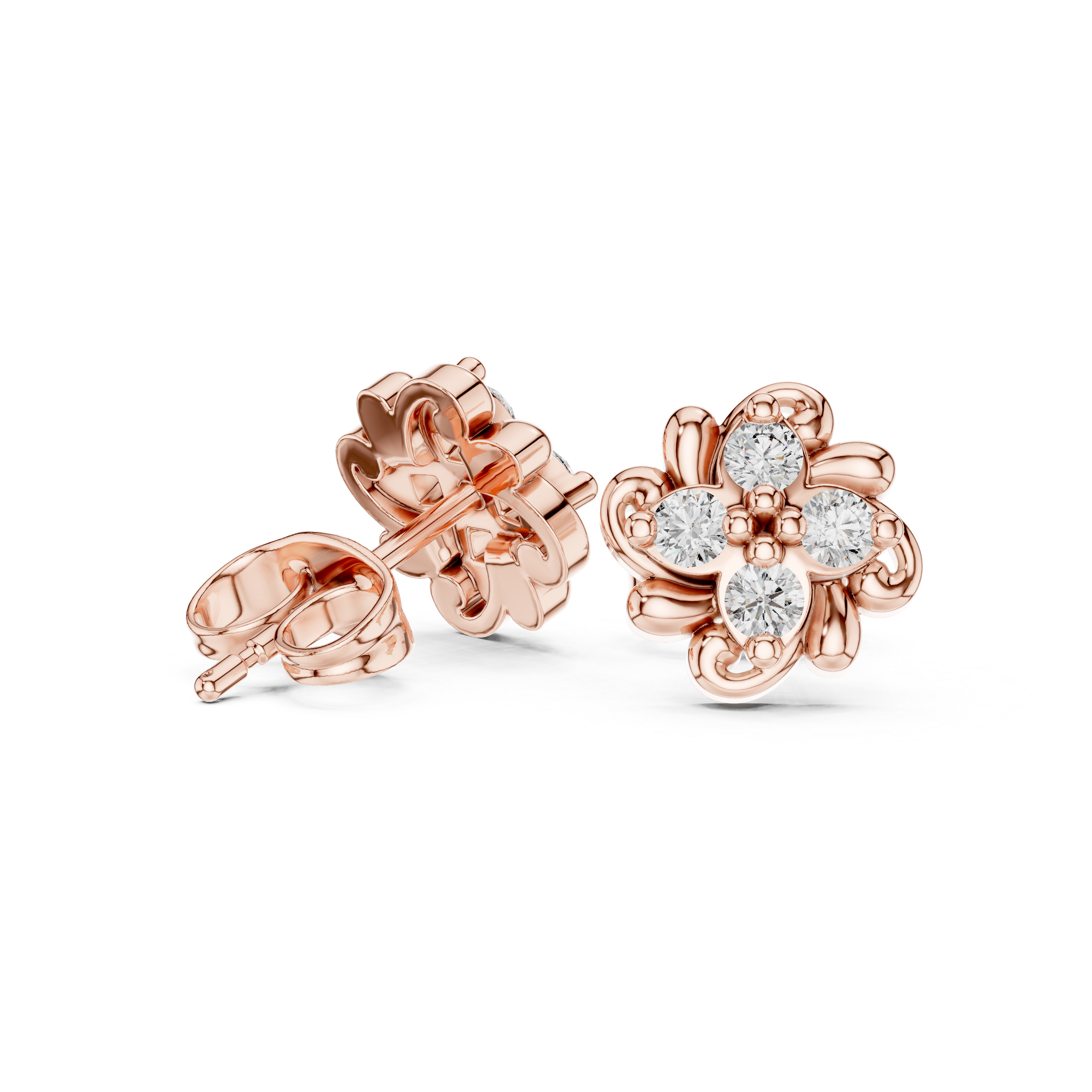 Rose Gold Vintage Scroll Swirl Diamond Cluster Stud Earrings