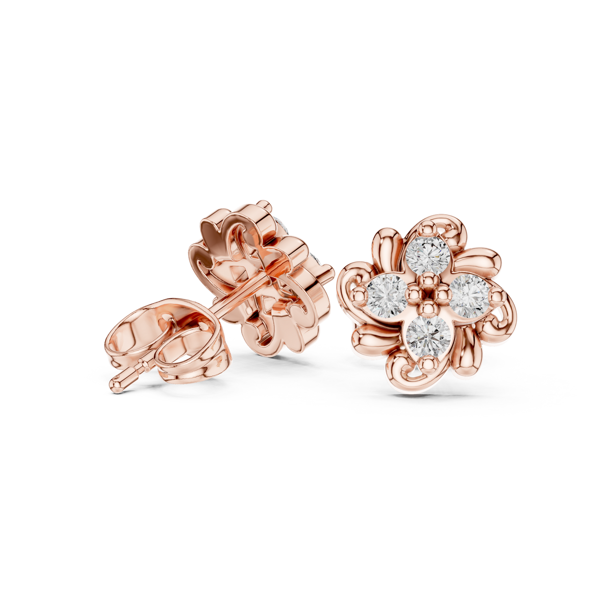 Rose Gold Vintage Scroll Swirl Diamond Cluster Stud Earrings