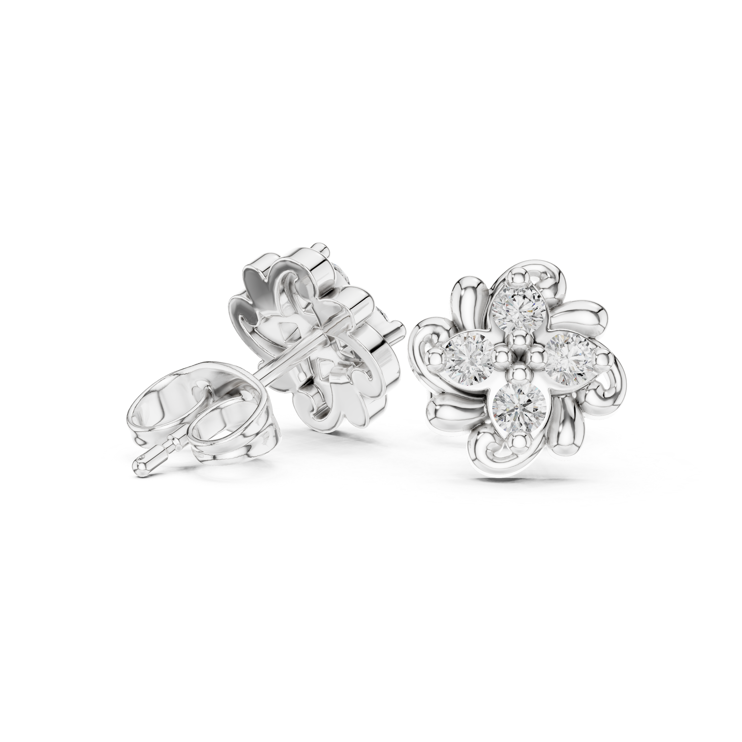 Rose Gold Vintage Scroll Swirl Diamond Cluster Stud Earrings