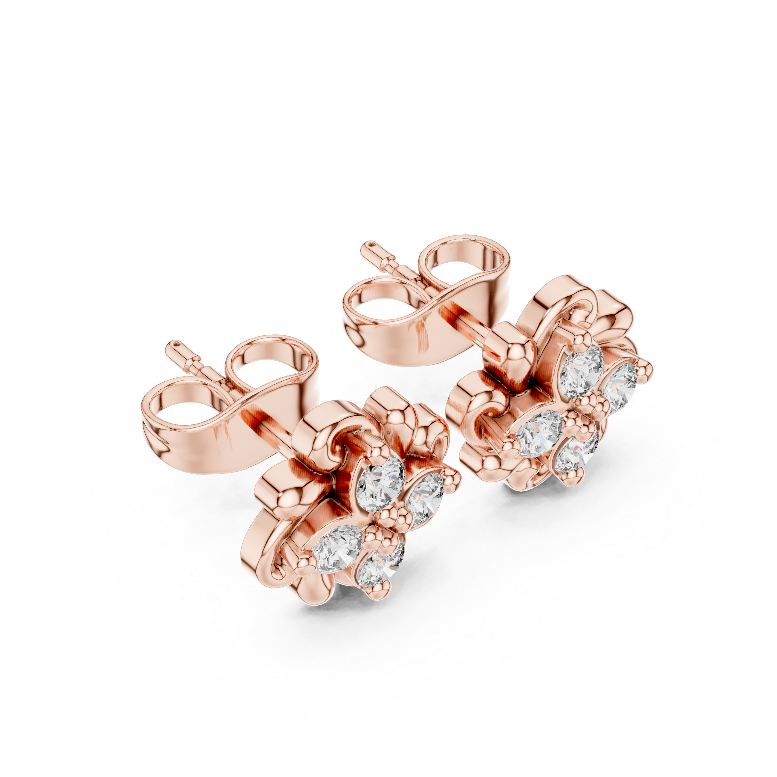 Rose Gold Vintage Scroll Swirl Diamond Cluster Stud Earrings