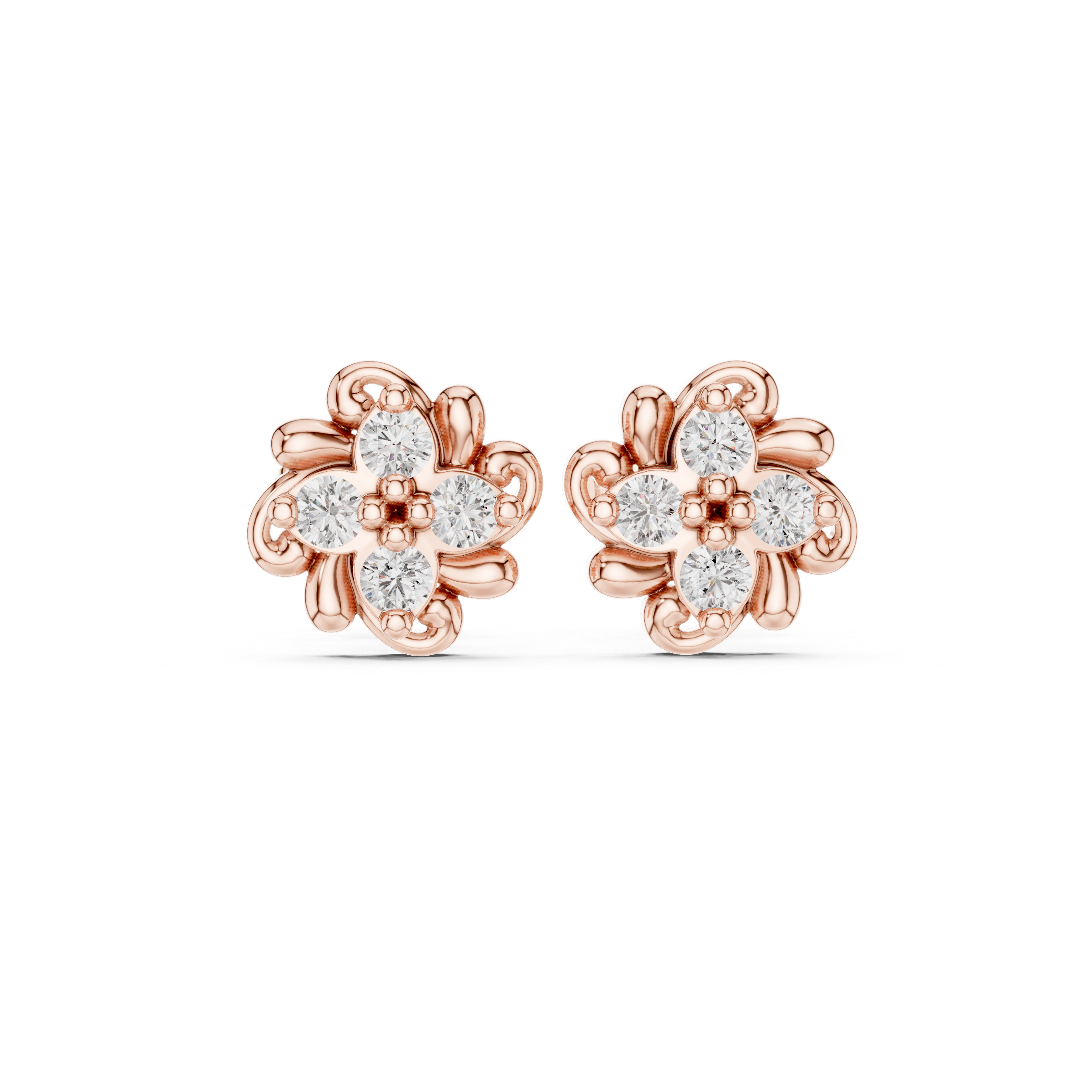 Rose Gold Vintage Scroll Swirl Diamond Cluster Stud Earrings