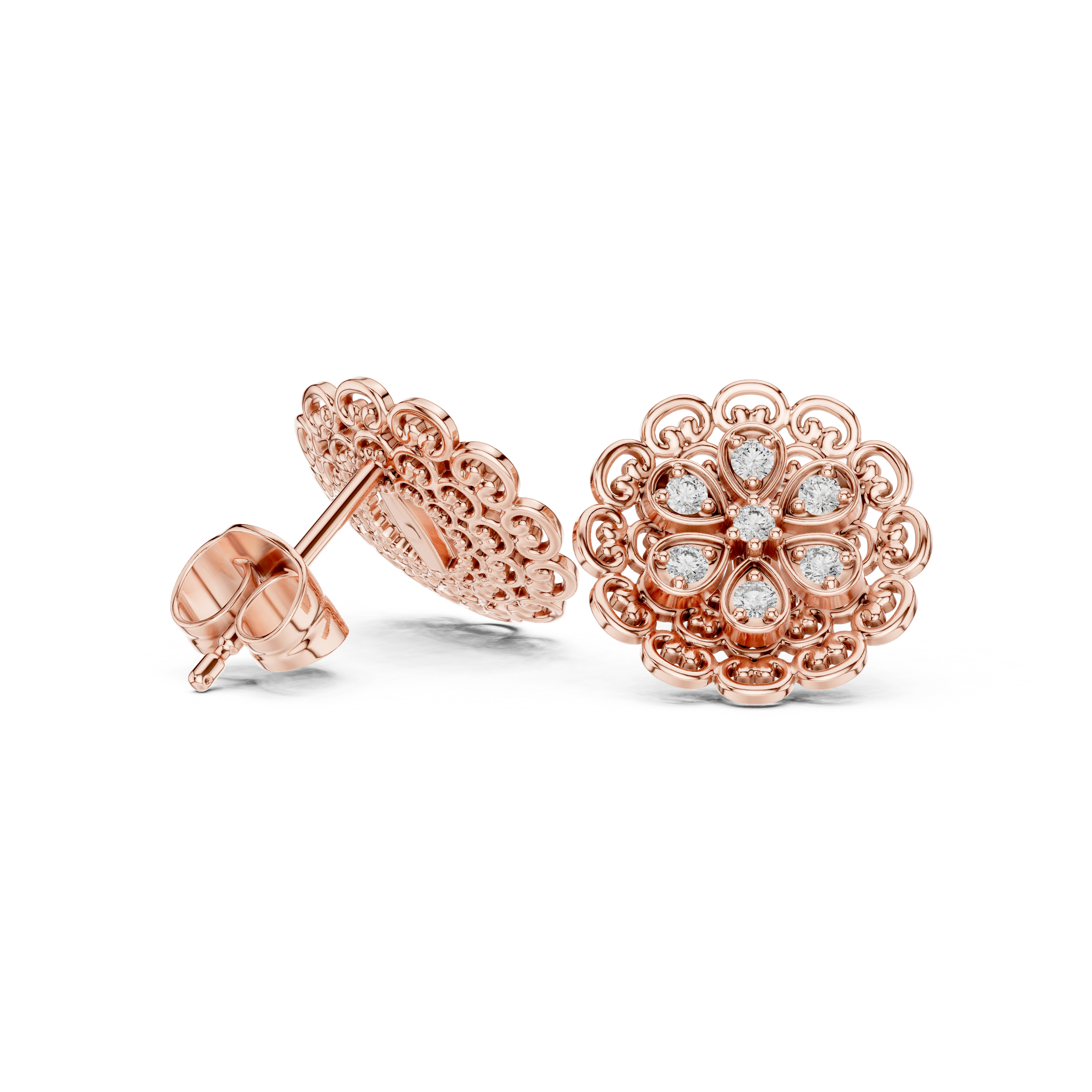 Rose Gold Royal Filigree Flower Diamond Mandala Stud Earrings