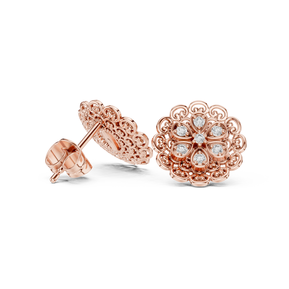 Rose Gold Royal Filigree Flower Diamond Mandala Stud Earrings