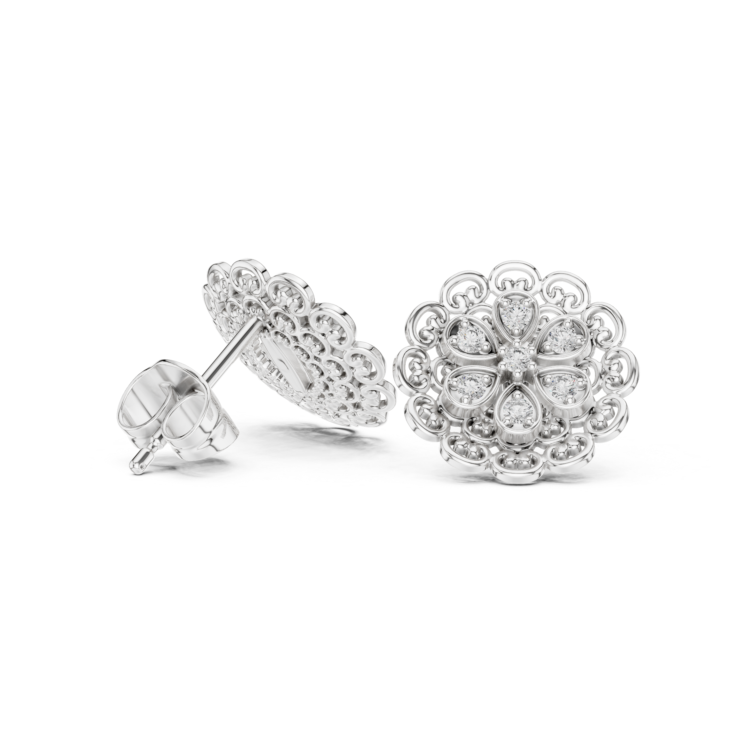 Rose Gold Royal Filigree Flower Diamond Mandala Stud Earrings
