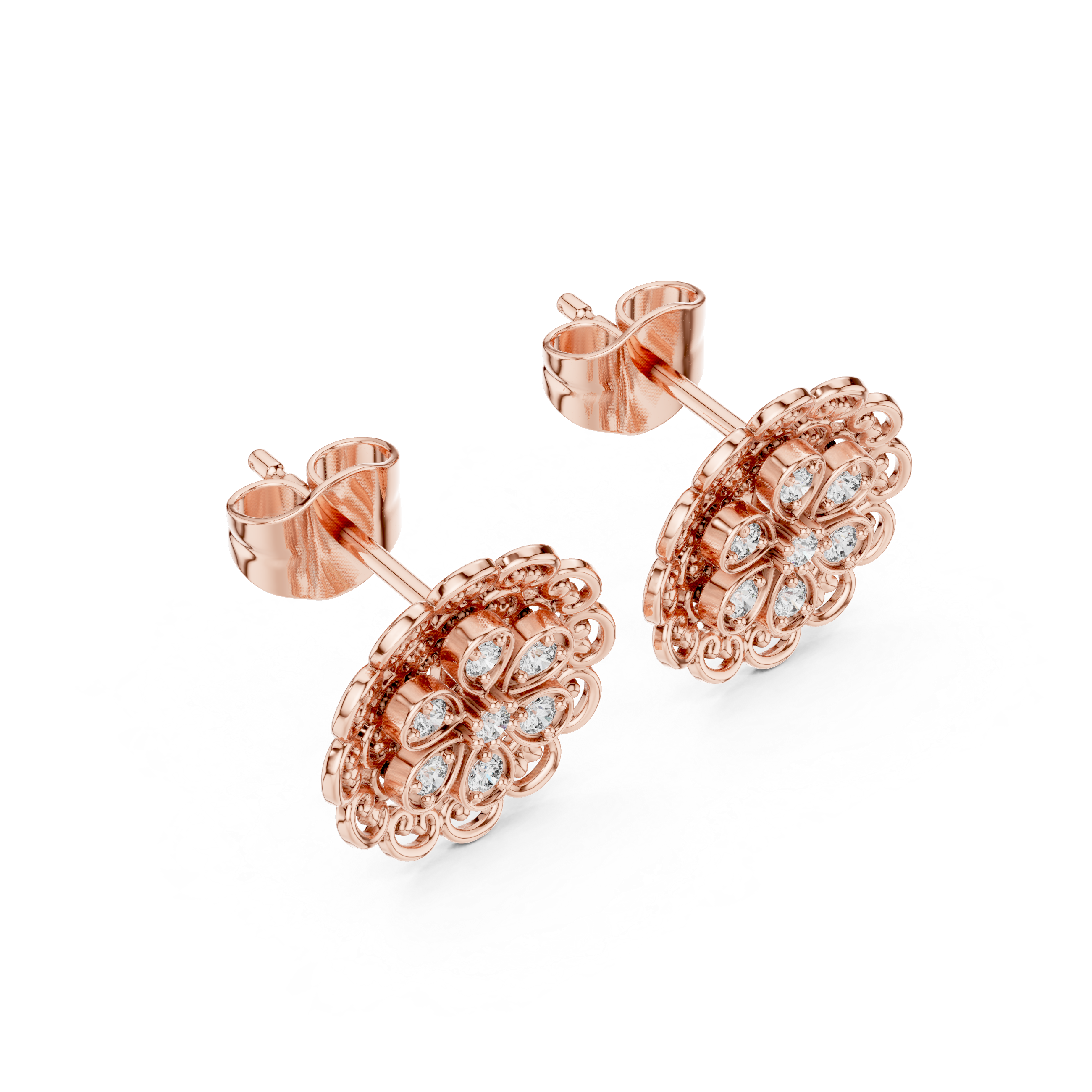 Rose Gold Royal Filigree Flower Diamond Mandala Stud Earrings