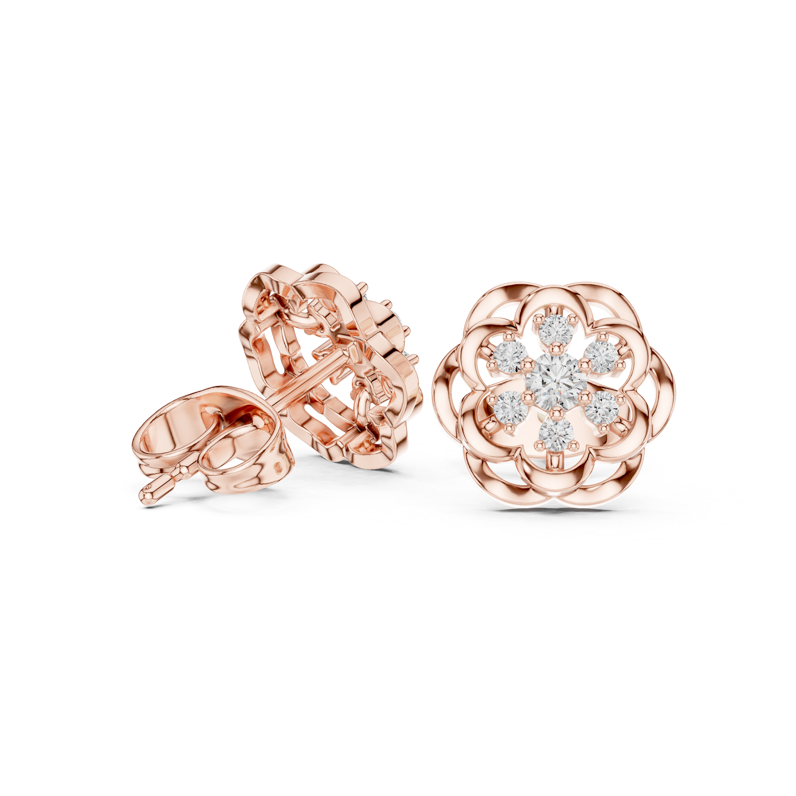 Rose Gold Blooming Floral Petal Diamond Cluster Stud Earrings