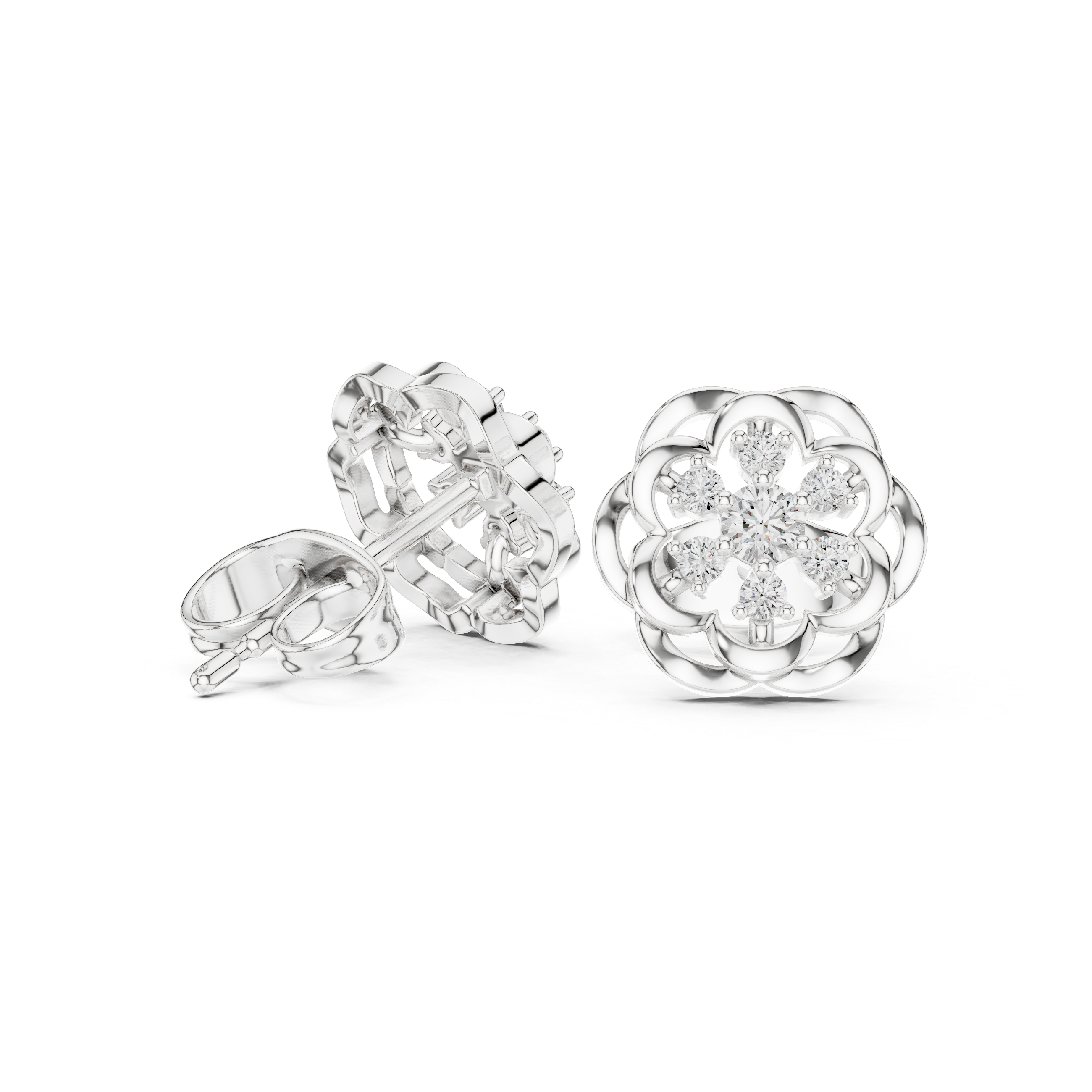 Rose Gold Blooming Floral Petal Diamond Cluster Stud Earrings