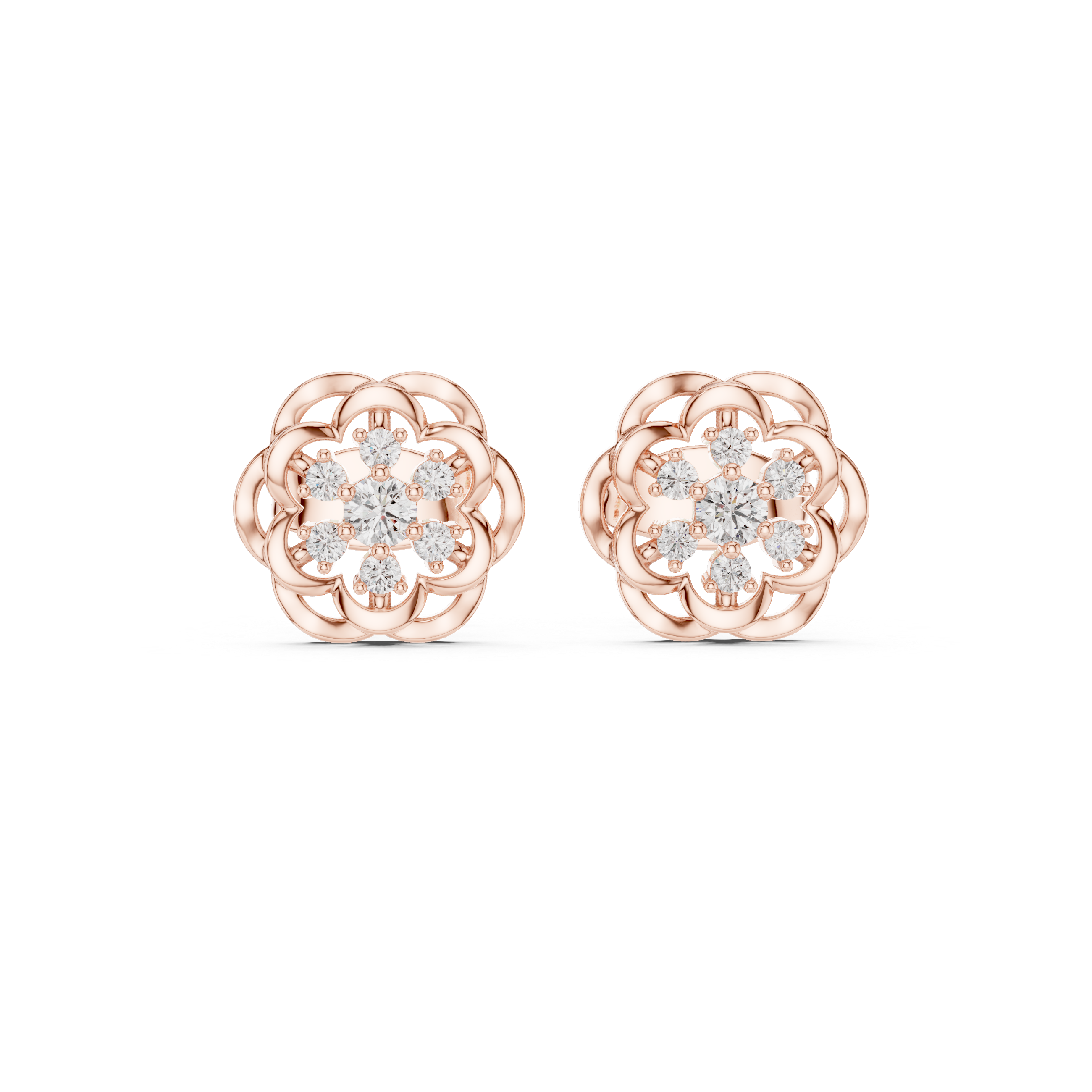 Rose Gold Blooming Floral Petal Diamond Cluster Stud Earrings
