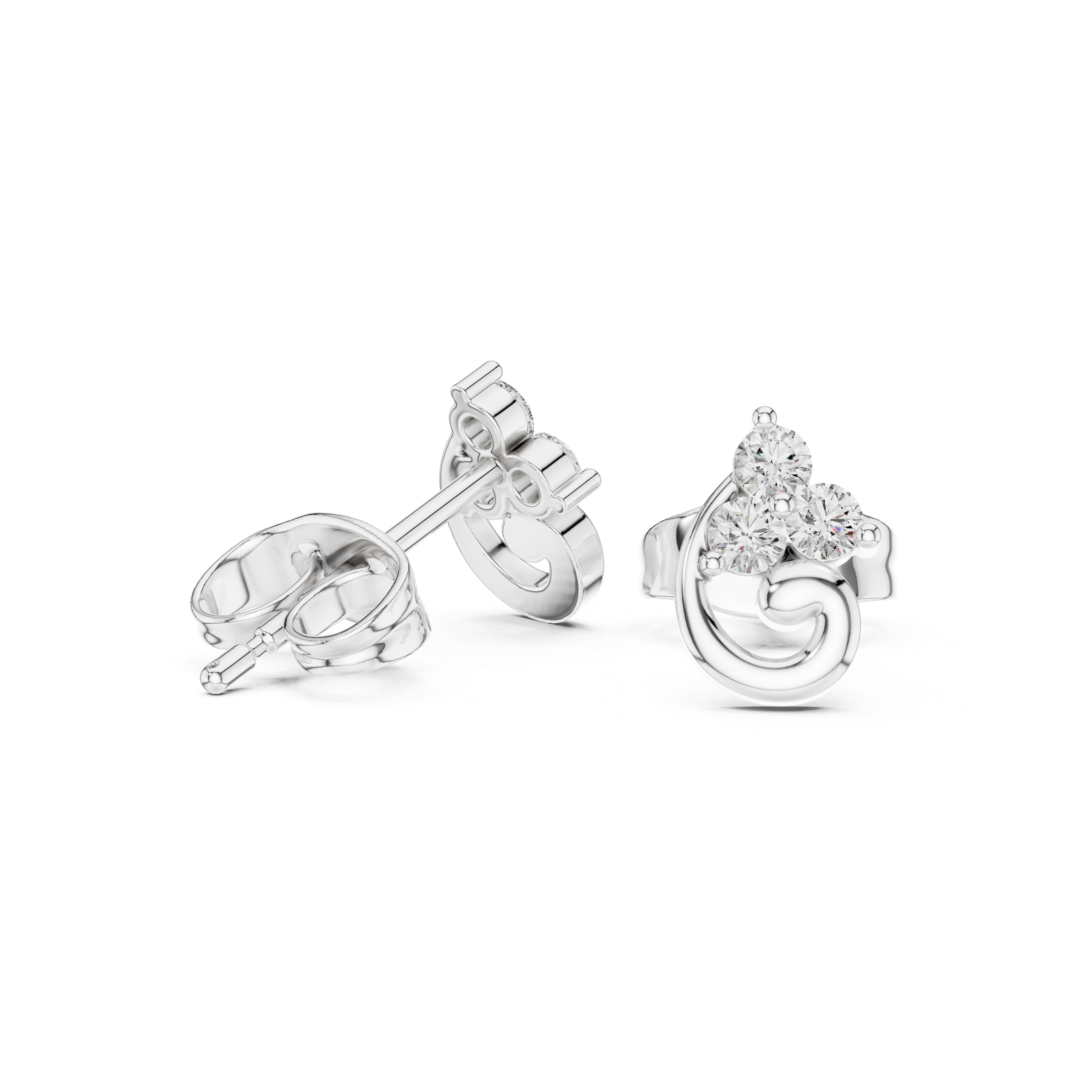 Rose Gold Swirl Wave Trio Diamond Cluster Stud Earrings
