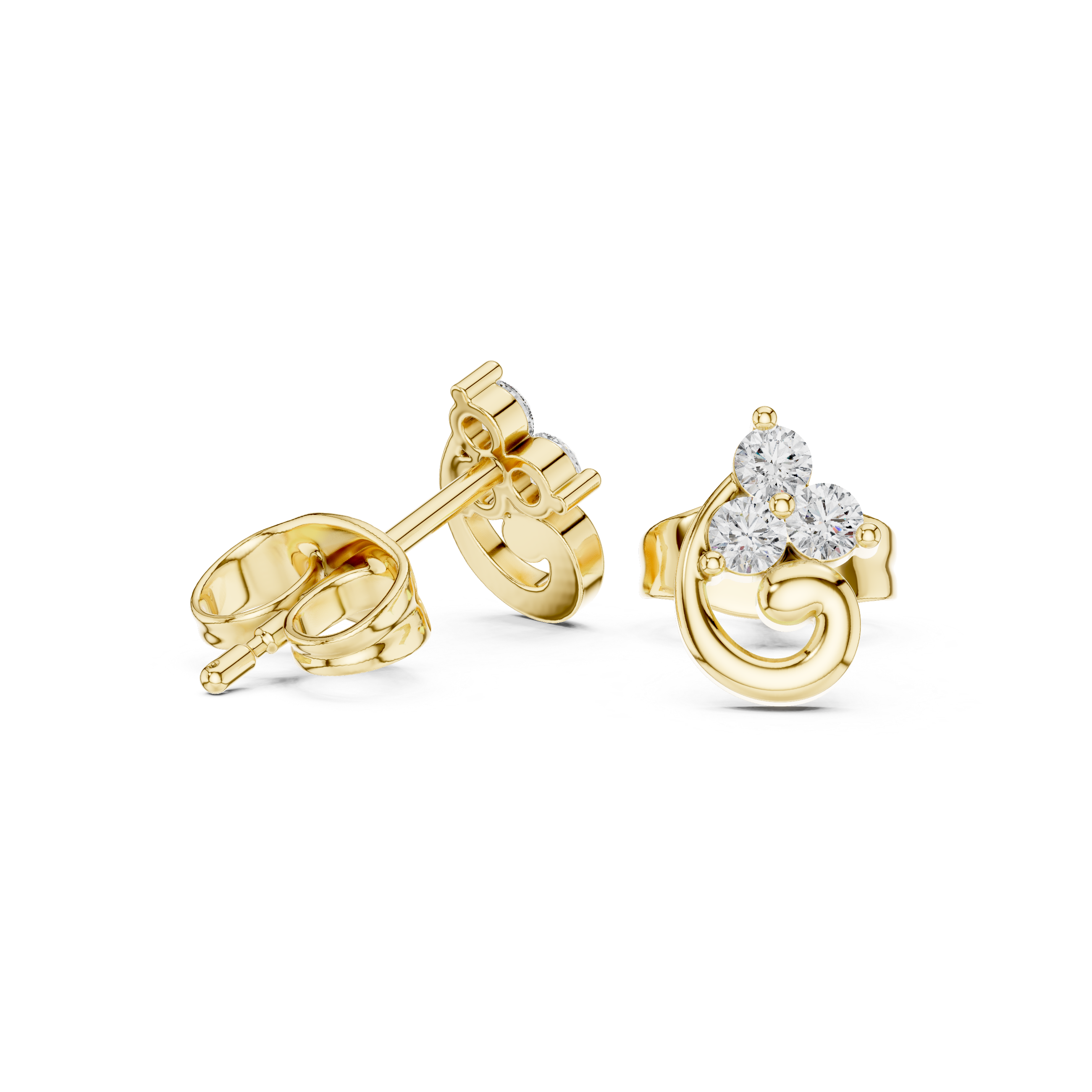Rose Gold Swirl Wave Trio Diamond Cluster Stud Earrings