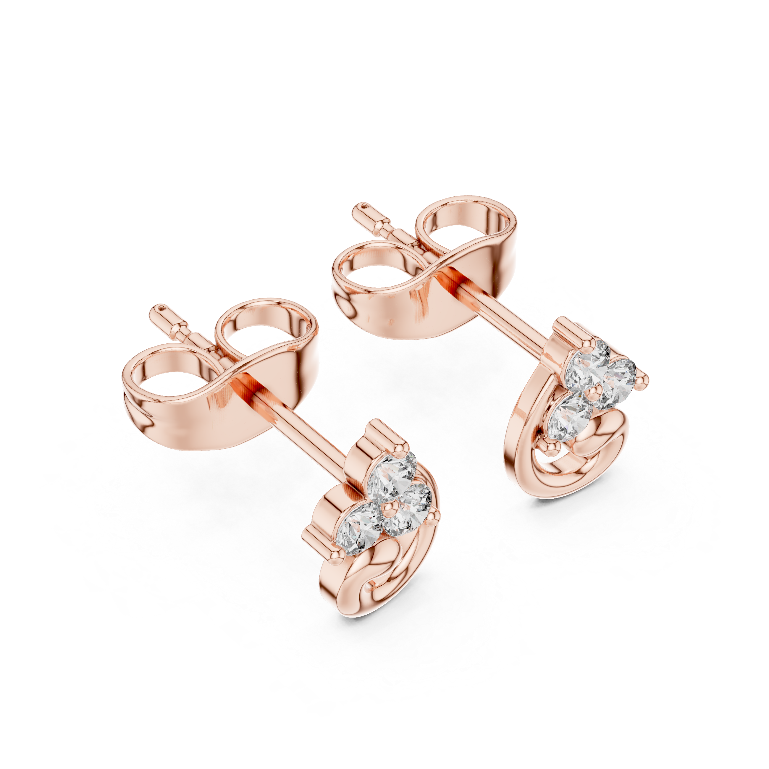Rose Gold Swirl Wave Trio Diamond Cluster Stud Earrings