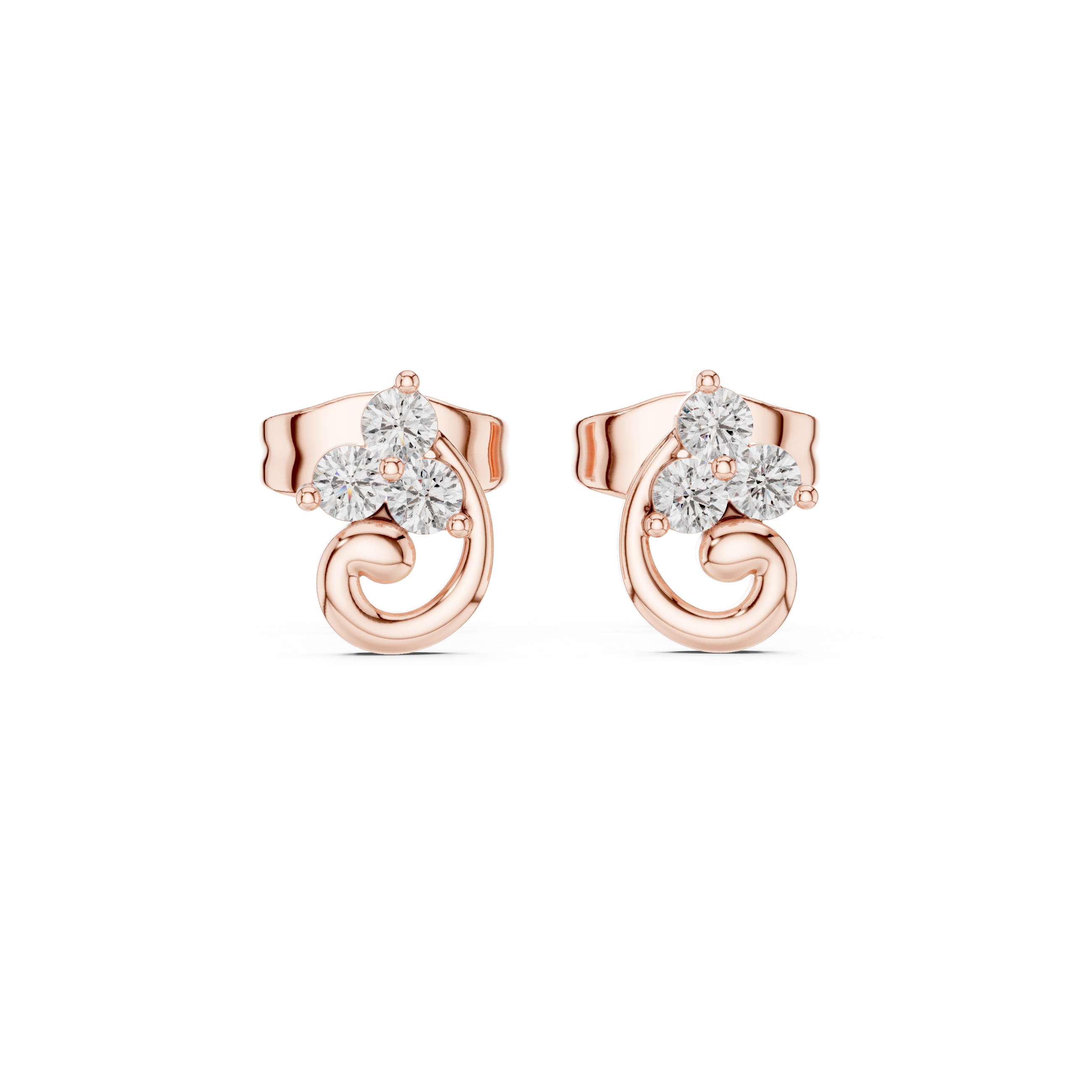 Rose Gold Swirl Wave Trio Diamond Cluster Stud Earrings