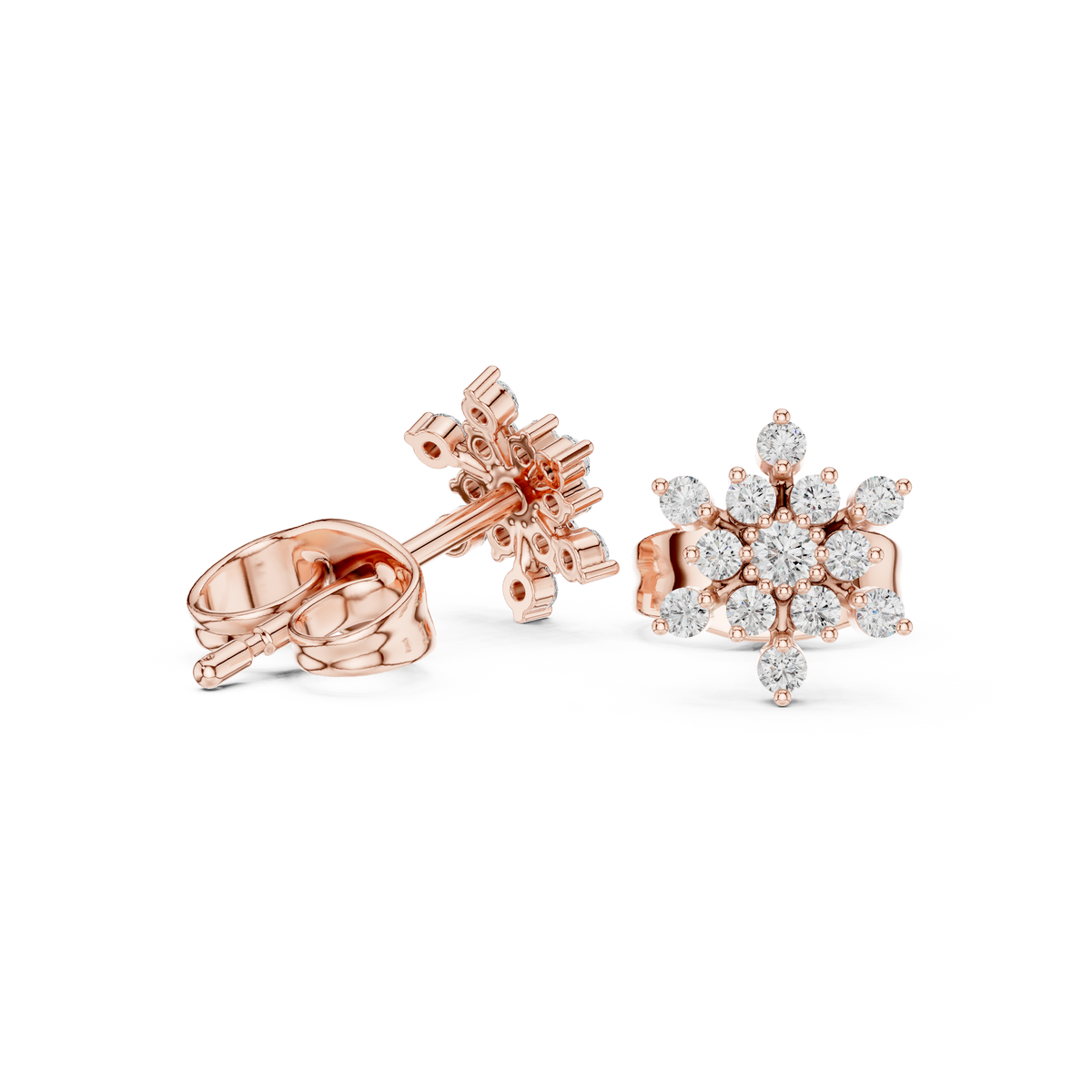 Rose Gold Snowflake Starburst Diamond Cluster Stud Earrings