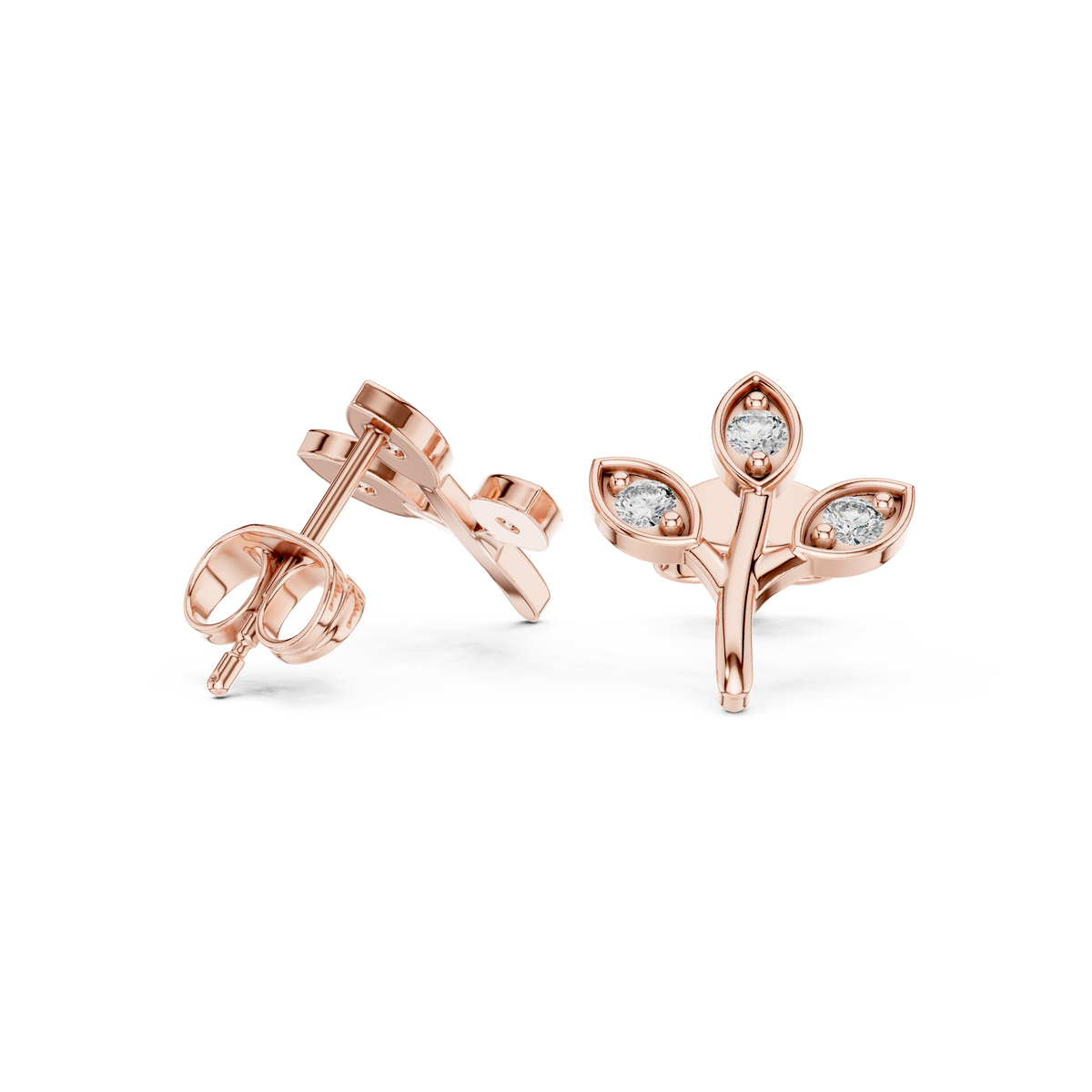 Rose Gold Floral Leaf Branch Diamond Stud Earrings