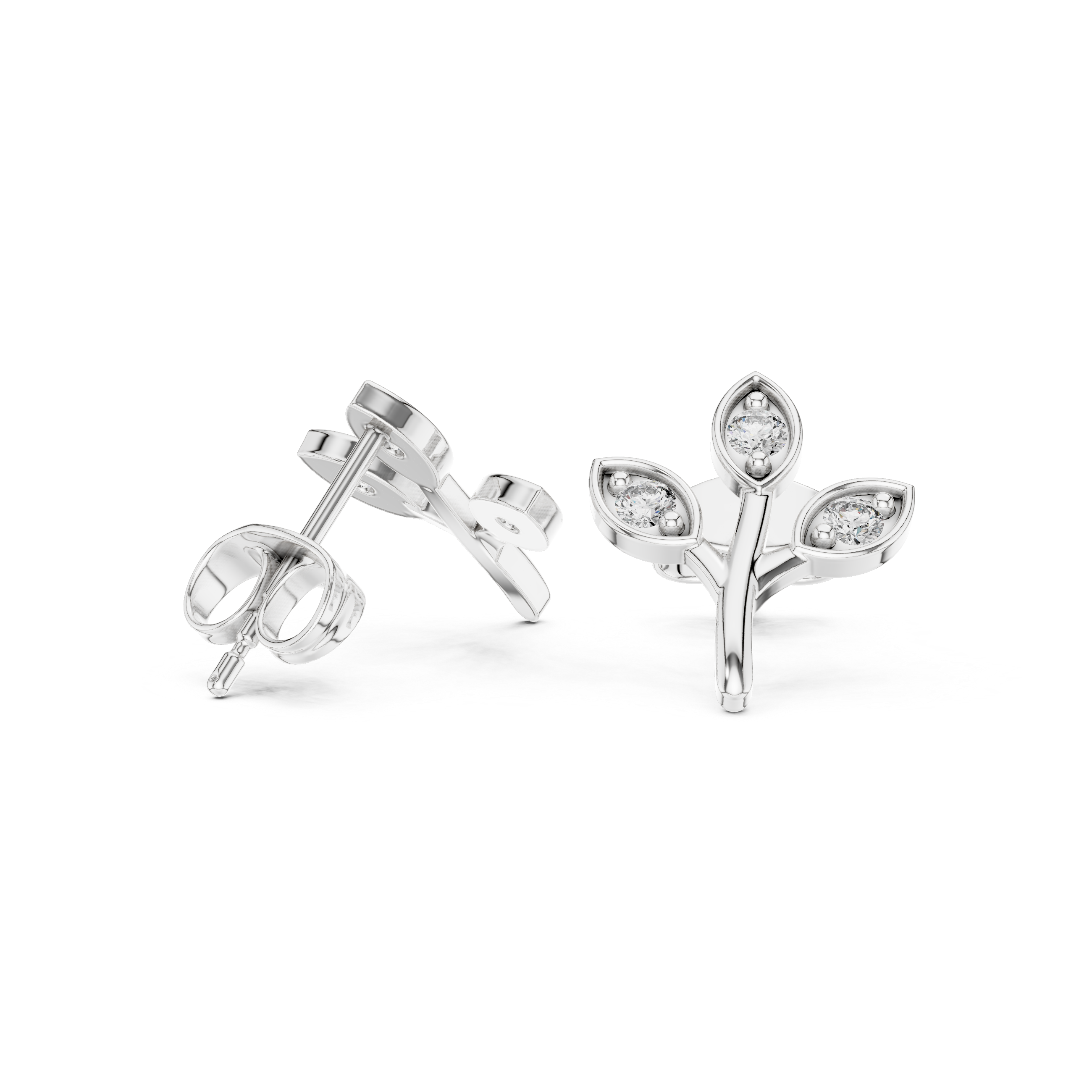 Rose Gold Floral Leaf Branch Diamond Stud Earrings