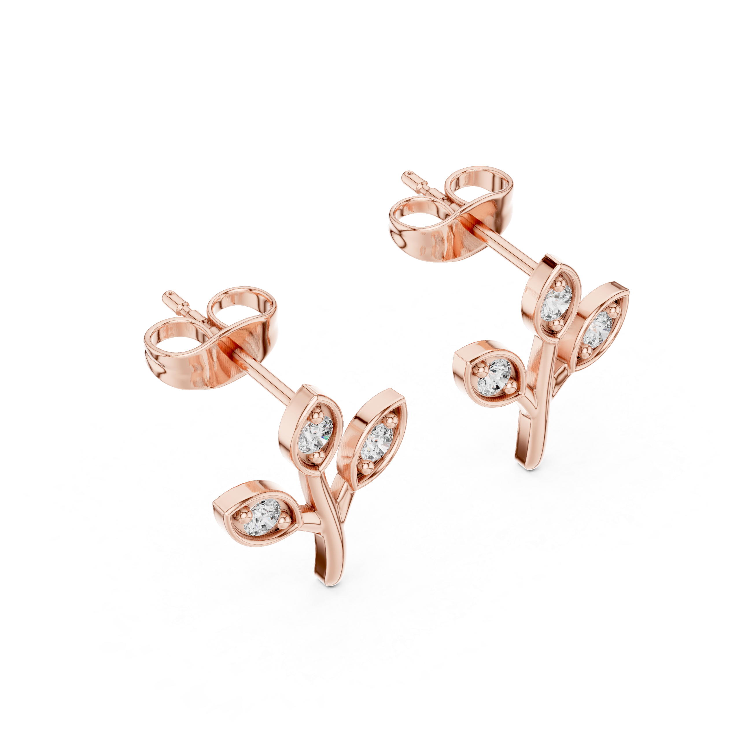 Rose Gold Floral Leaf Branch Diamond Stud Earrings