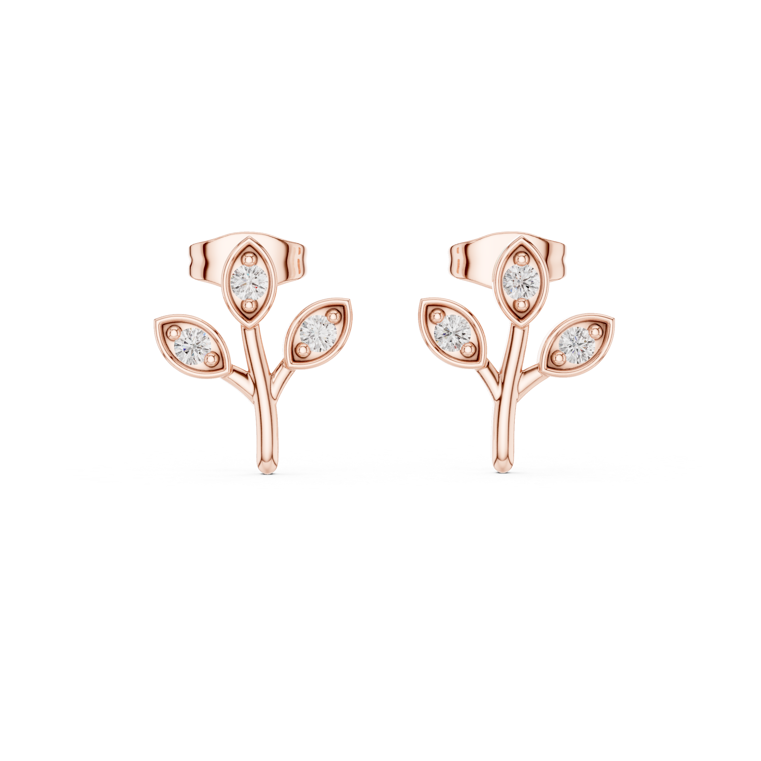 Rose Gold Floral Leaf Branch Diamond Stud Earrings