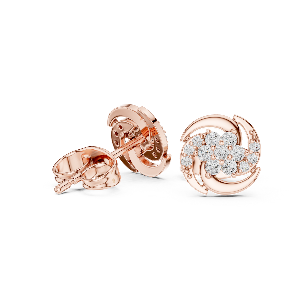 Rose Gold Swirl Cluster Floral Diamond Stud Earrings