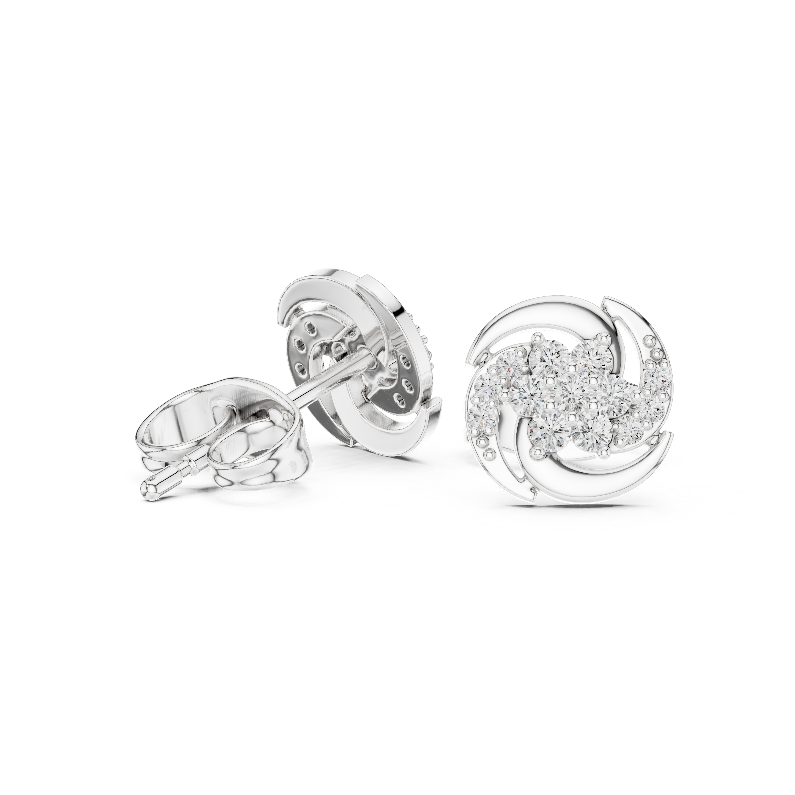 Rose Gold Swirl Cluster Floral Diamond Stud Earrings