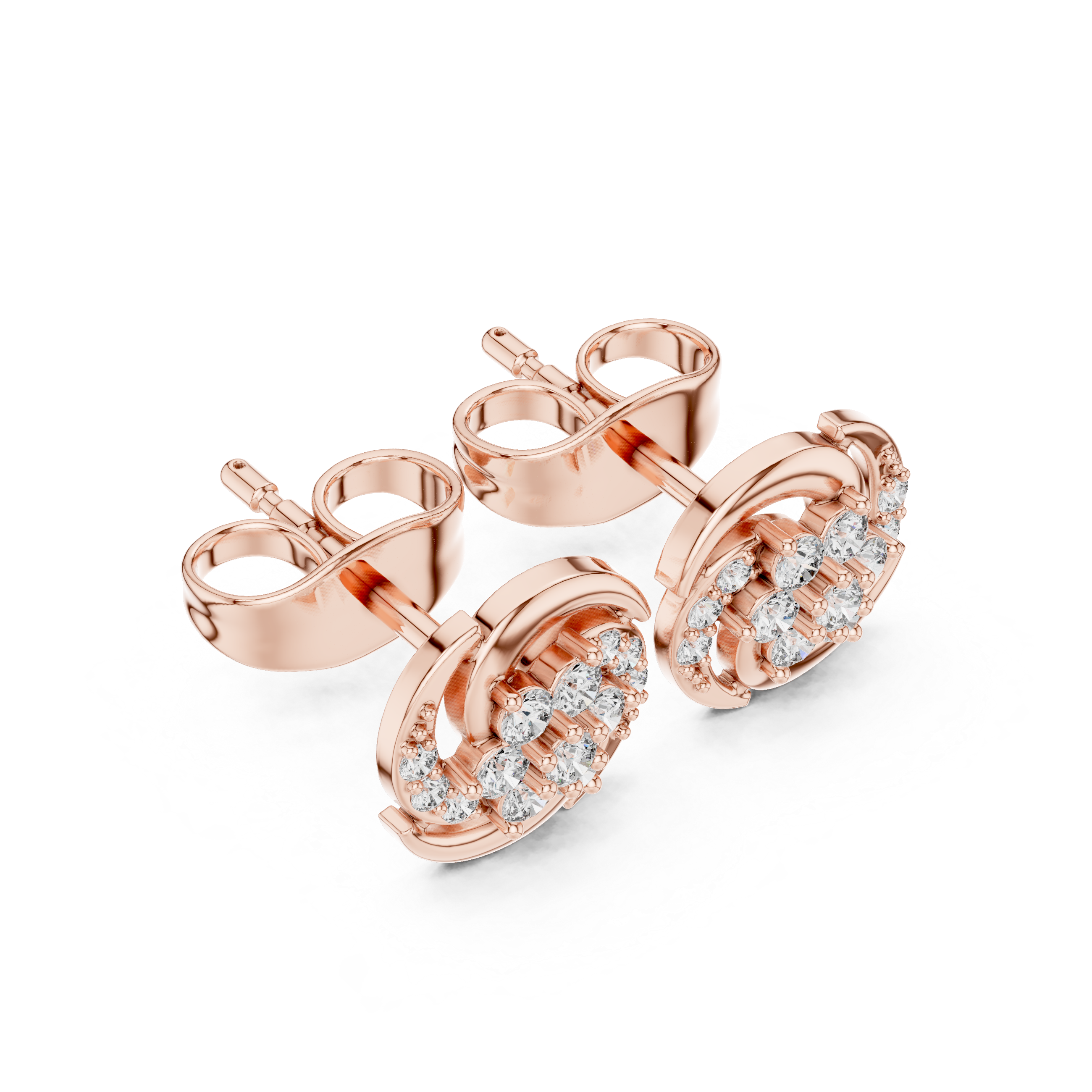Rose Gold Swirl Cluster Floral Diamond Stud Earrings