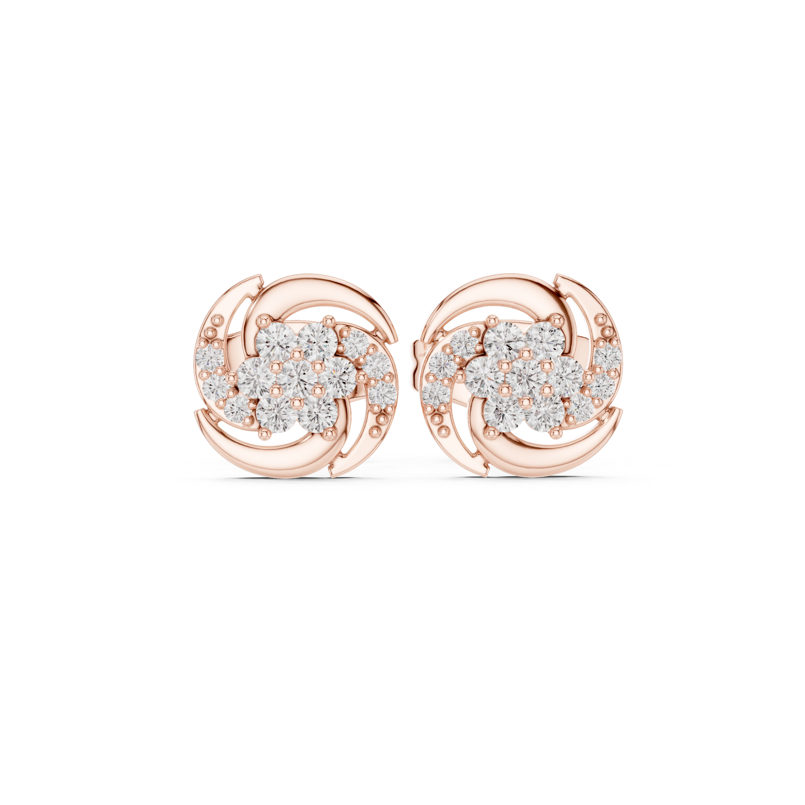 Rose Gold Swirl Cluster Floral Diamond Stud Earrings