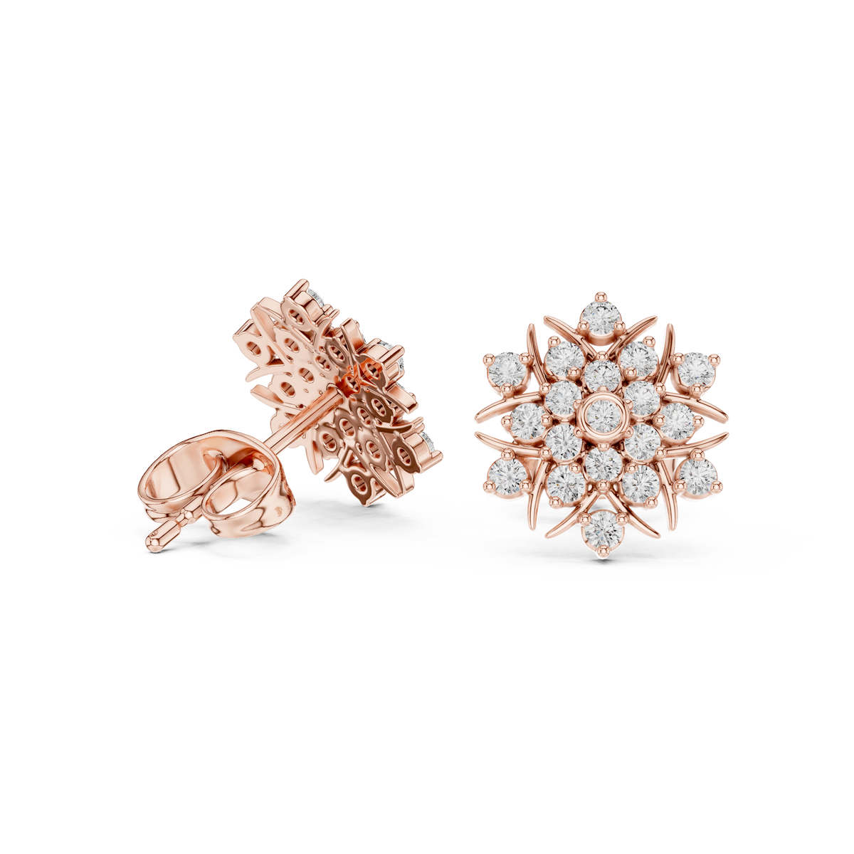 Rose Gold Snowflake Floral Cluster Diamond Stud Earrings
