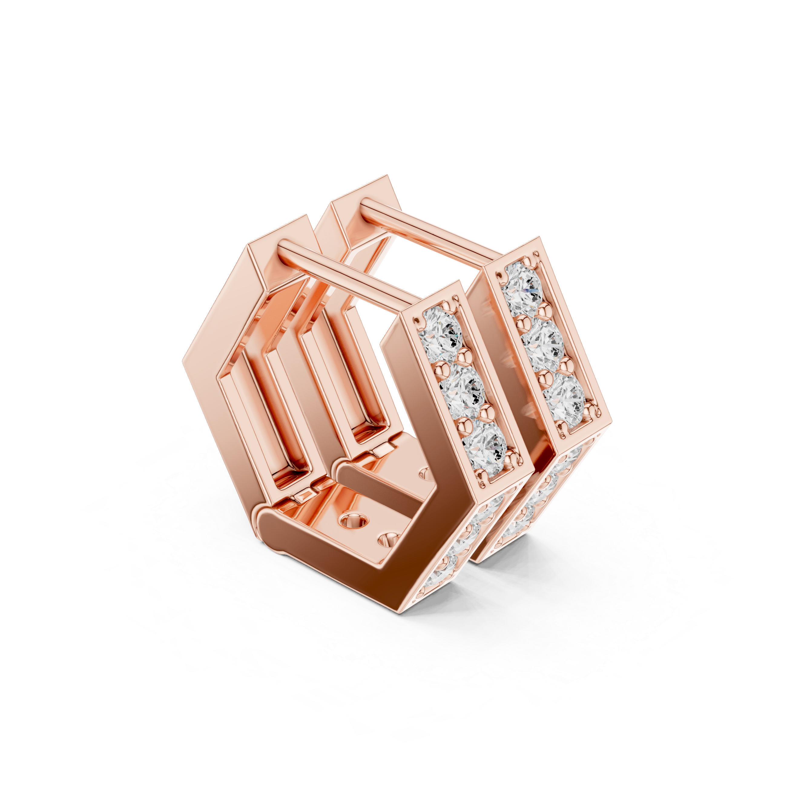Rose Gold Hexagon Geometric Diamond Hugging Hoop Earrings