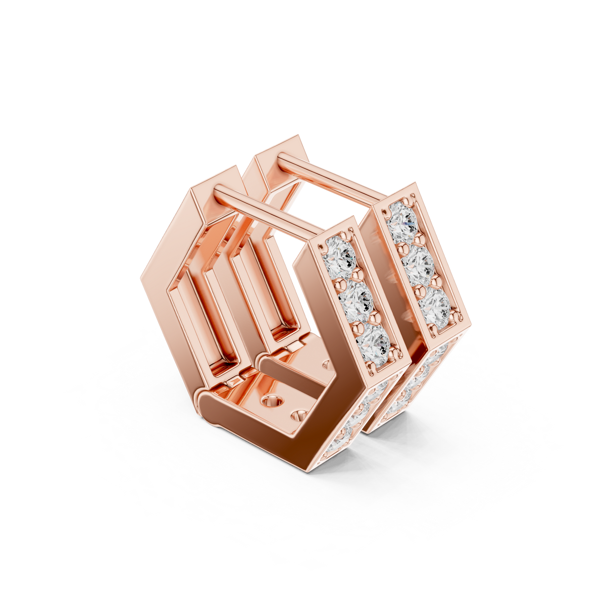 Rose Gold Hexagon Geometric Diamond Hugging Hoop Earrings