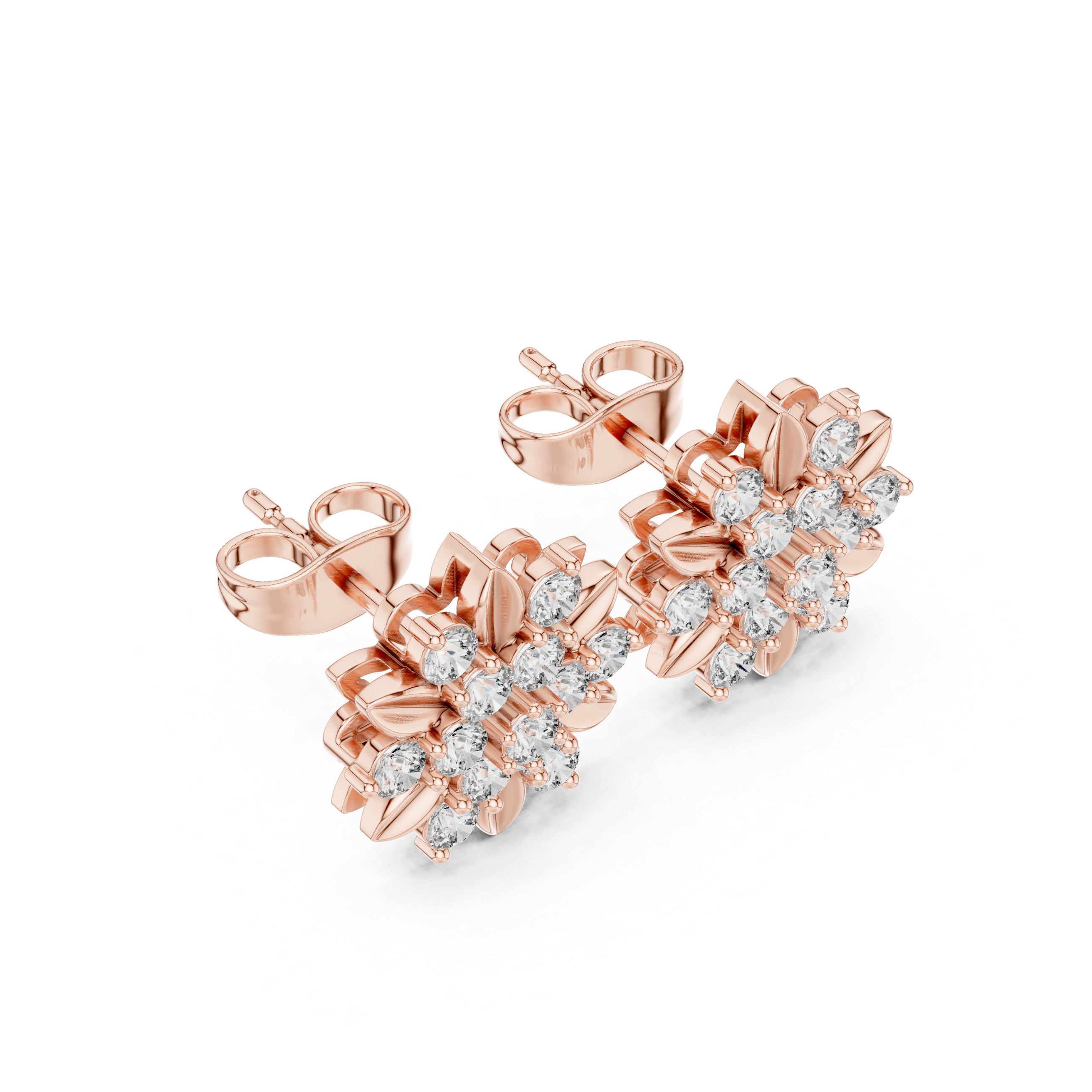 Rose Gold Blooming Floral Cluster Diamond Stud Earrings