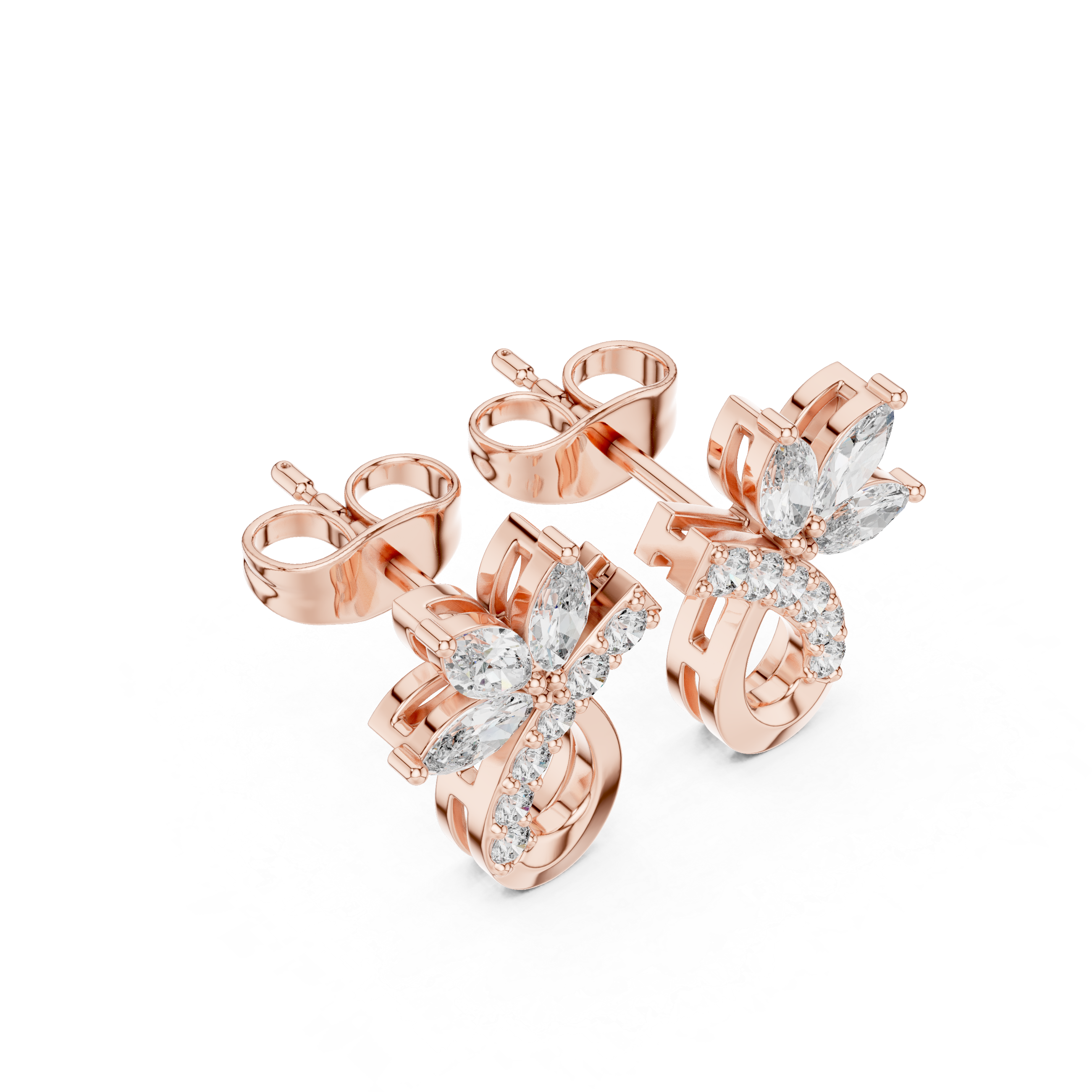 Rose Gold Marquise Butterfly & Curved Ribbon Diamond Stud Earrings