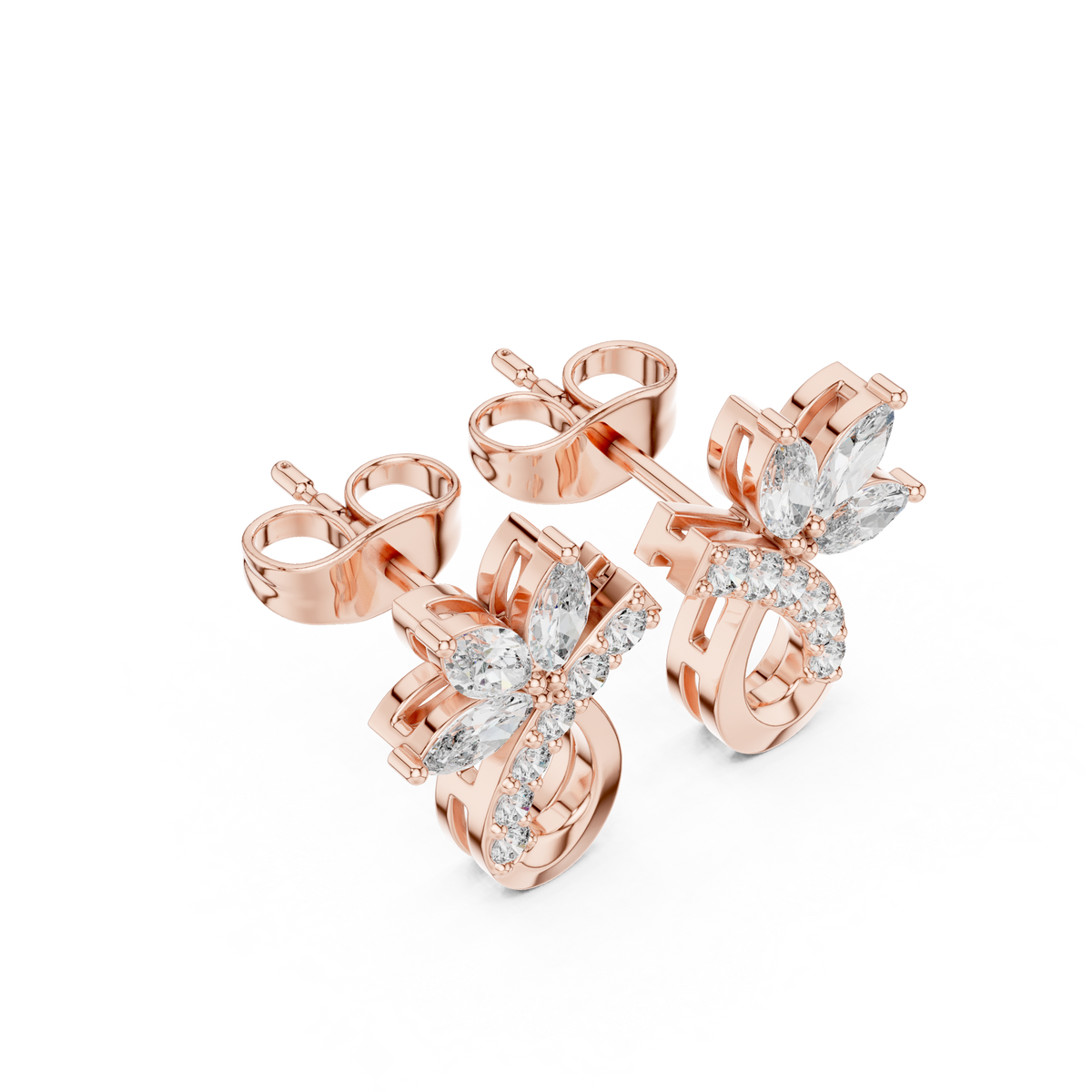Rose Gold Marquise Butterfly & Curved Ribbon Diamond Stud Earrings