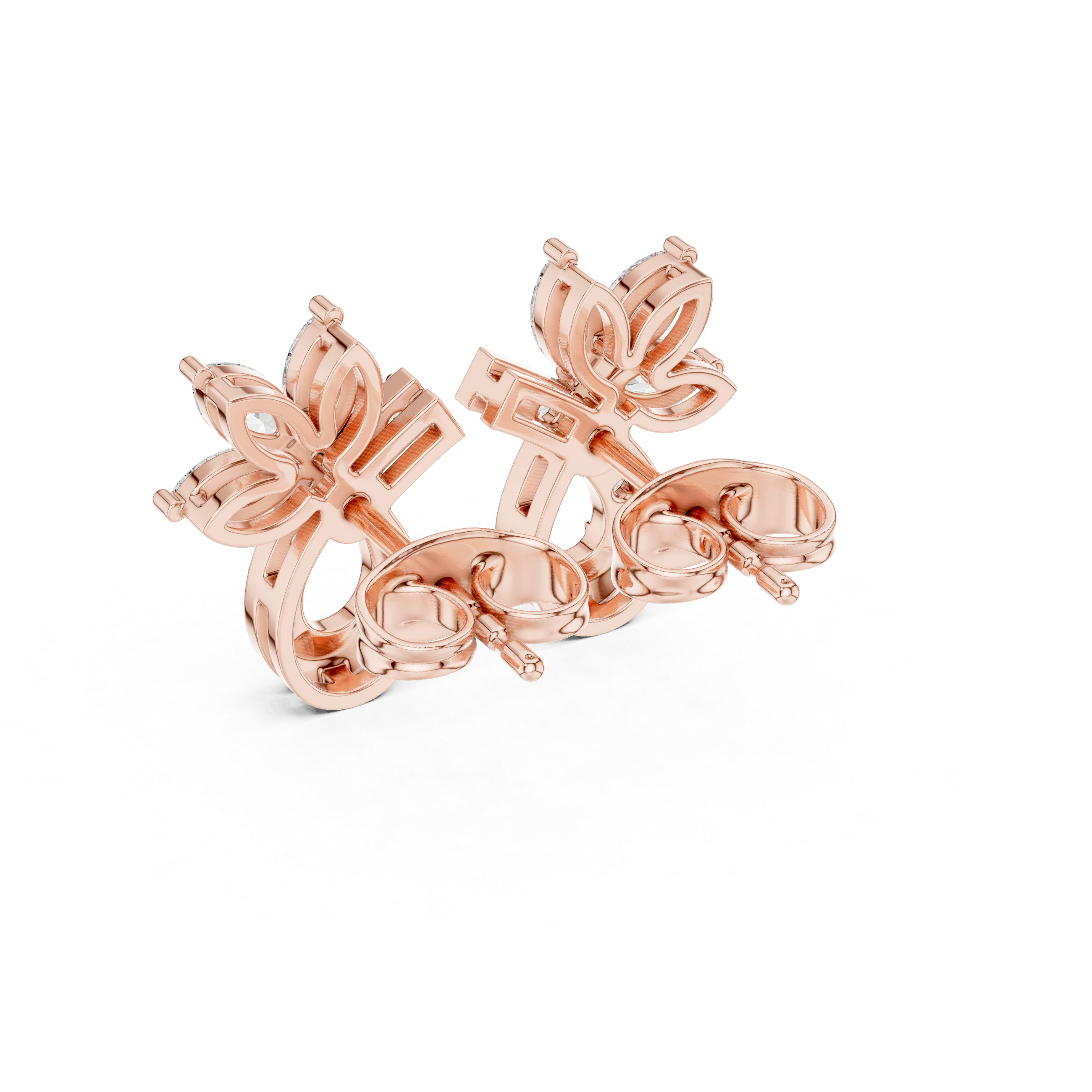 Rose Gold Marquise Butterfly & Curved Ribbon Diamond Stud Earrings