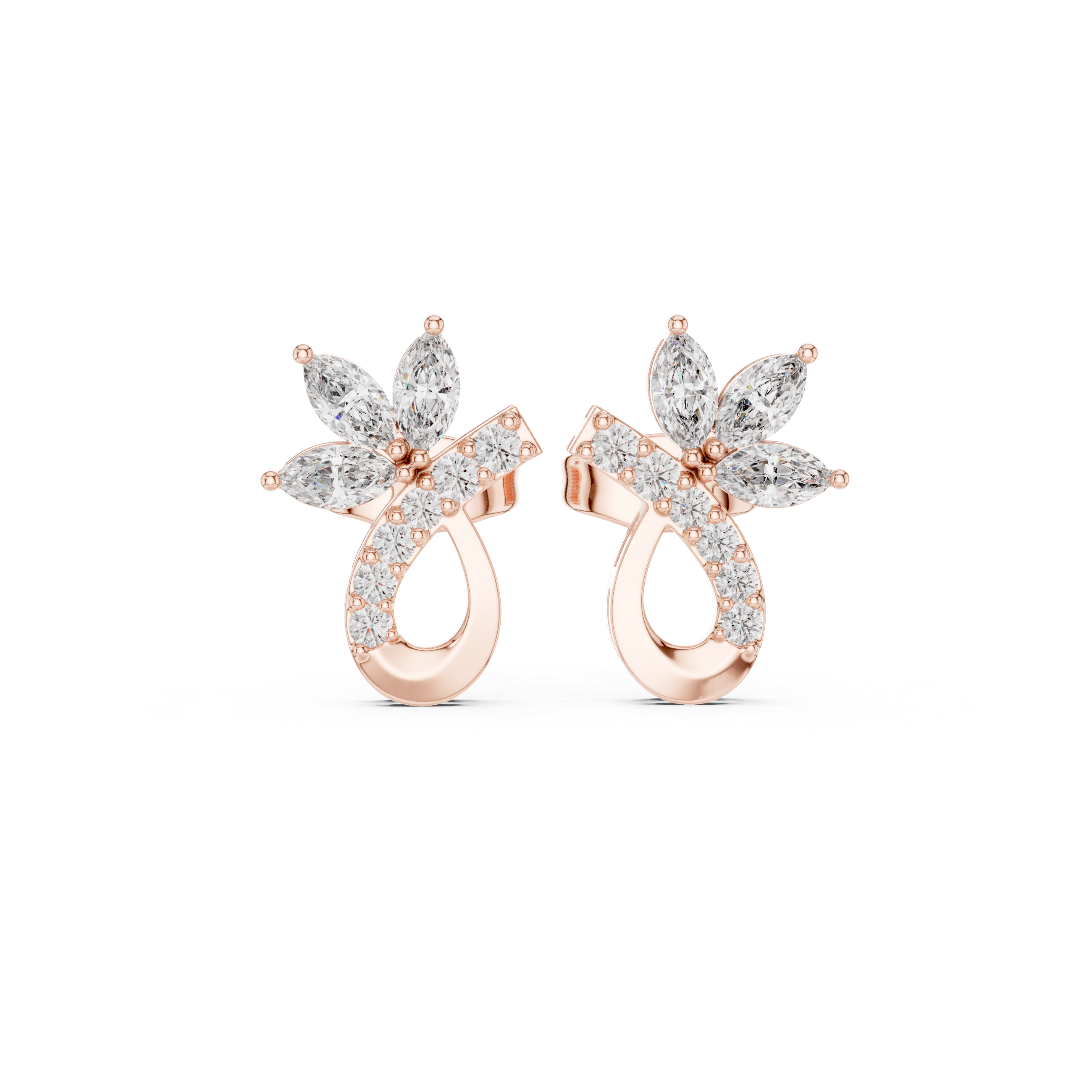 Rose Gold Marquise Butterfly & Curved Ribbon Diamond Stud Earrings