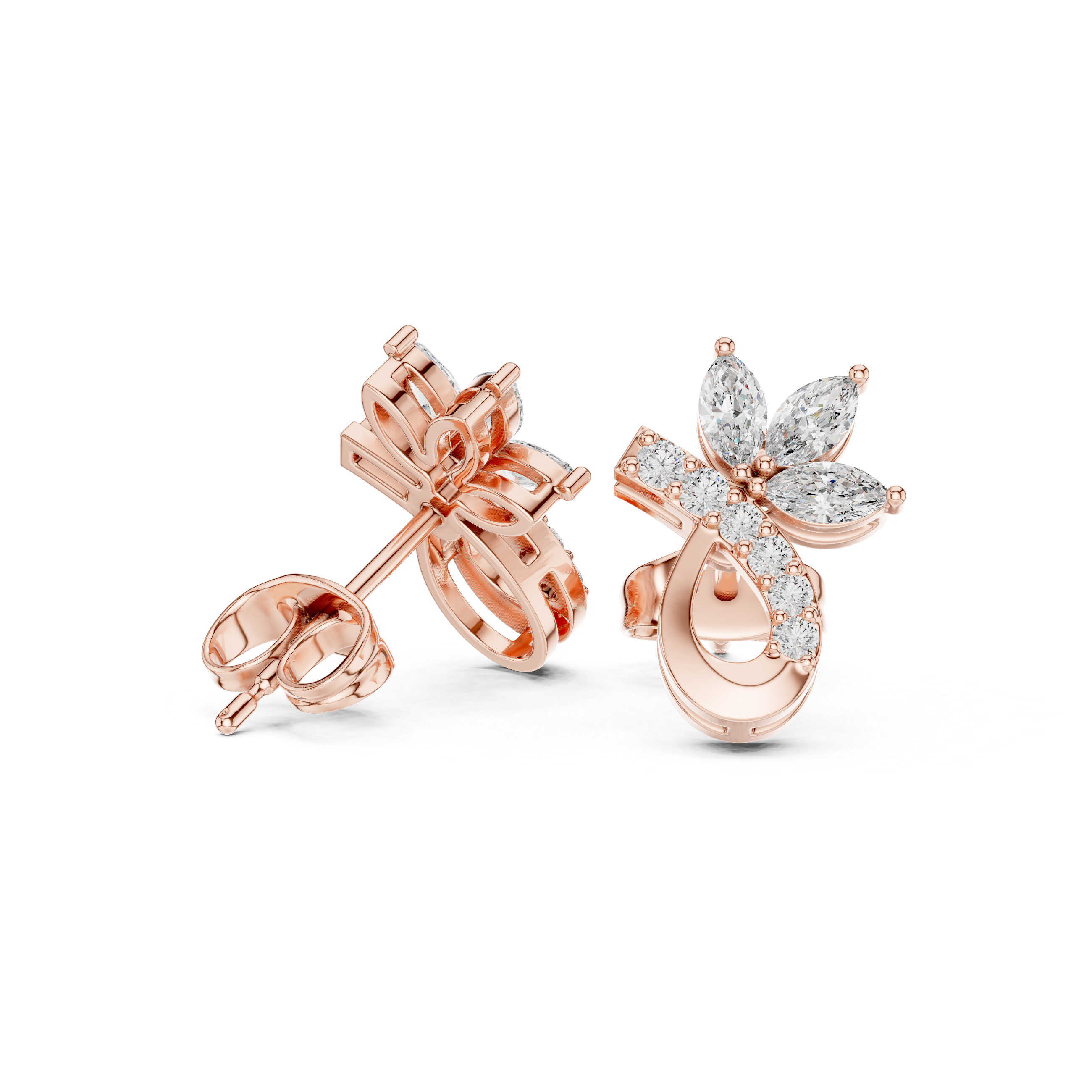 Rose Gold Marquise Butterfly & Curved Ribbon Diamond Stud Earrings