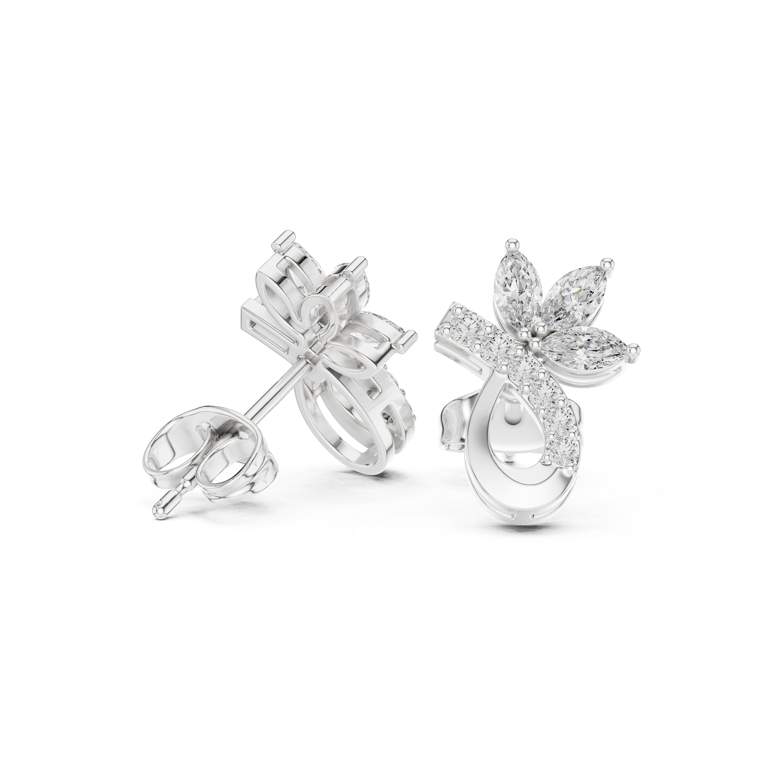 Rose Gold Marquise Butterfly & Curved Ribbon Diamond Stud Earrings