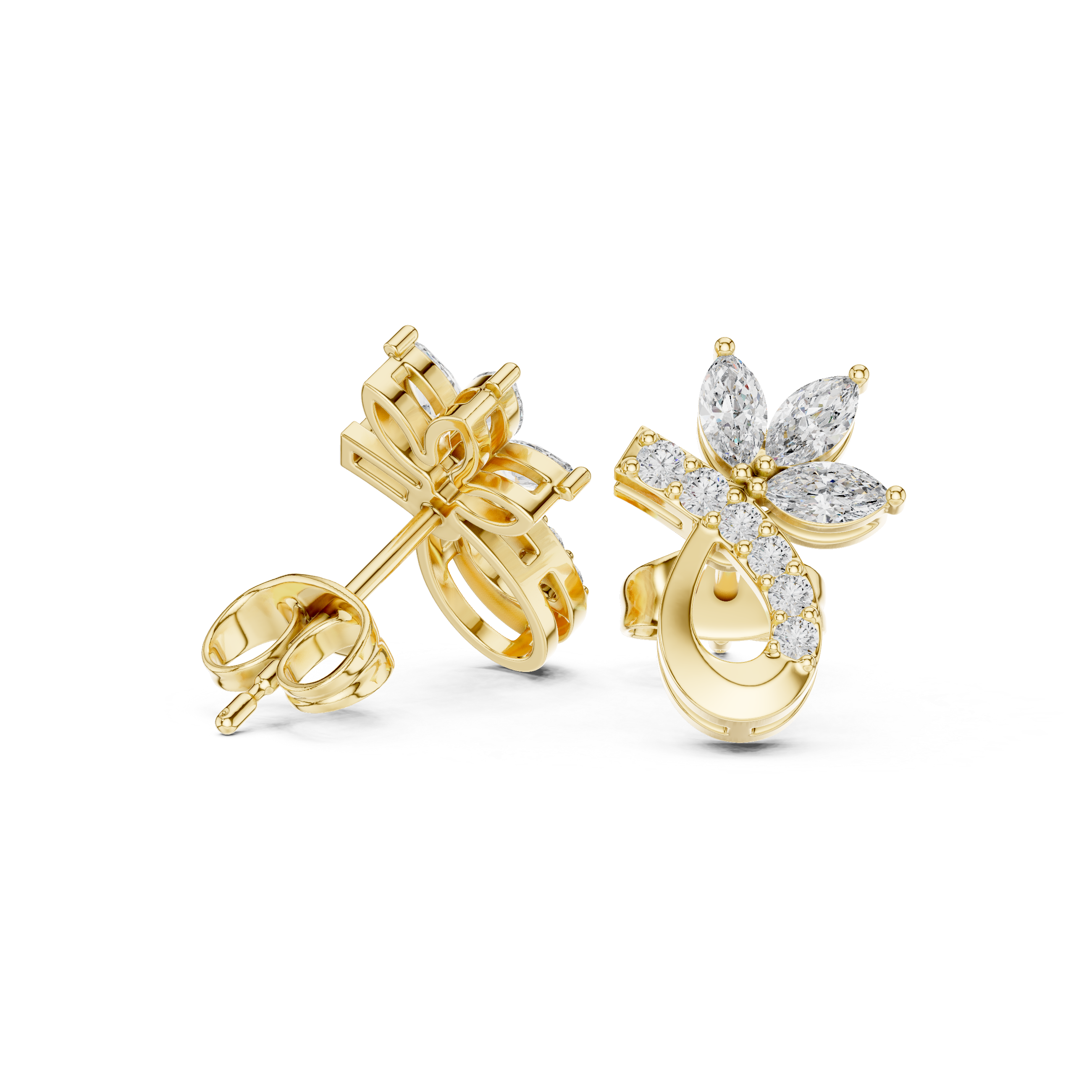 Rose Gold Marquise Butterfly & Curved Ribbon Diamond Stud Earrings