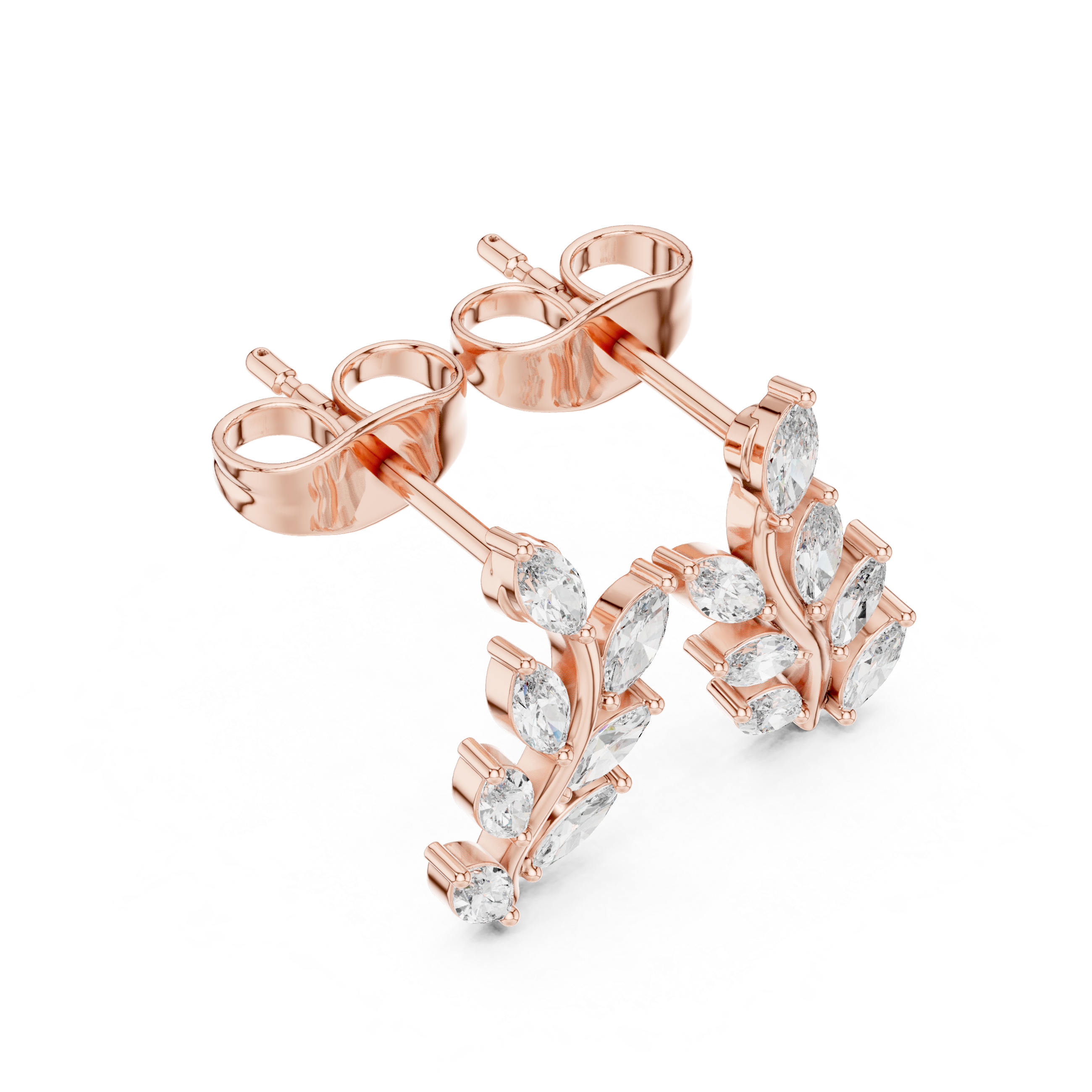 Rose Gold Marquise Diamond Leaf Branch Climber Stud Earrings