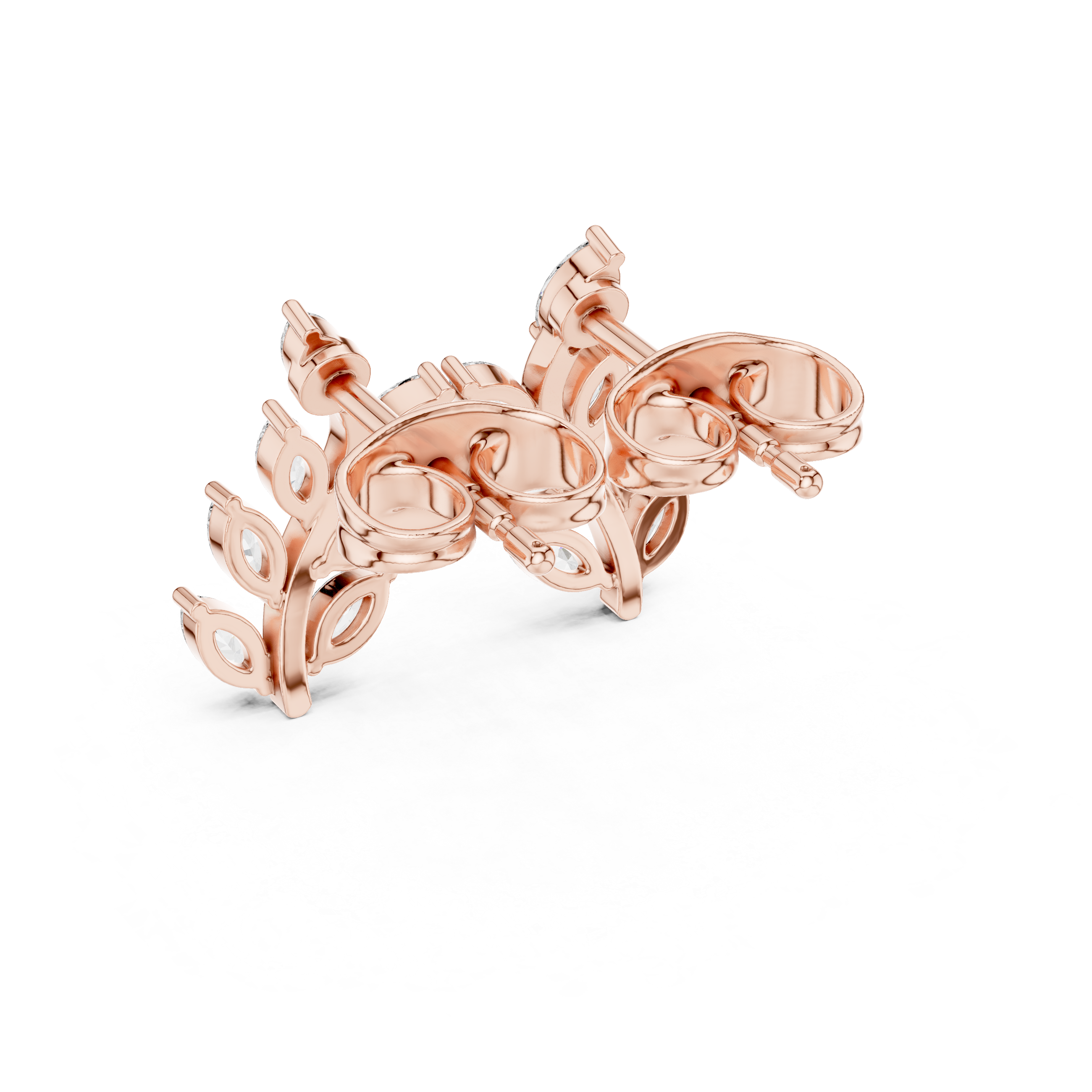 Rose Gold Marquise Diamond Leaf Branch Climber Stud Earrings