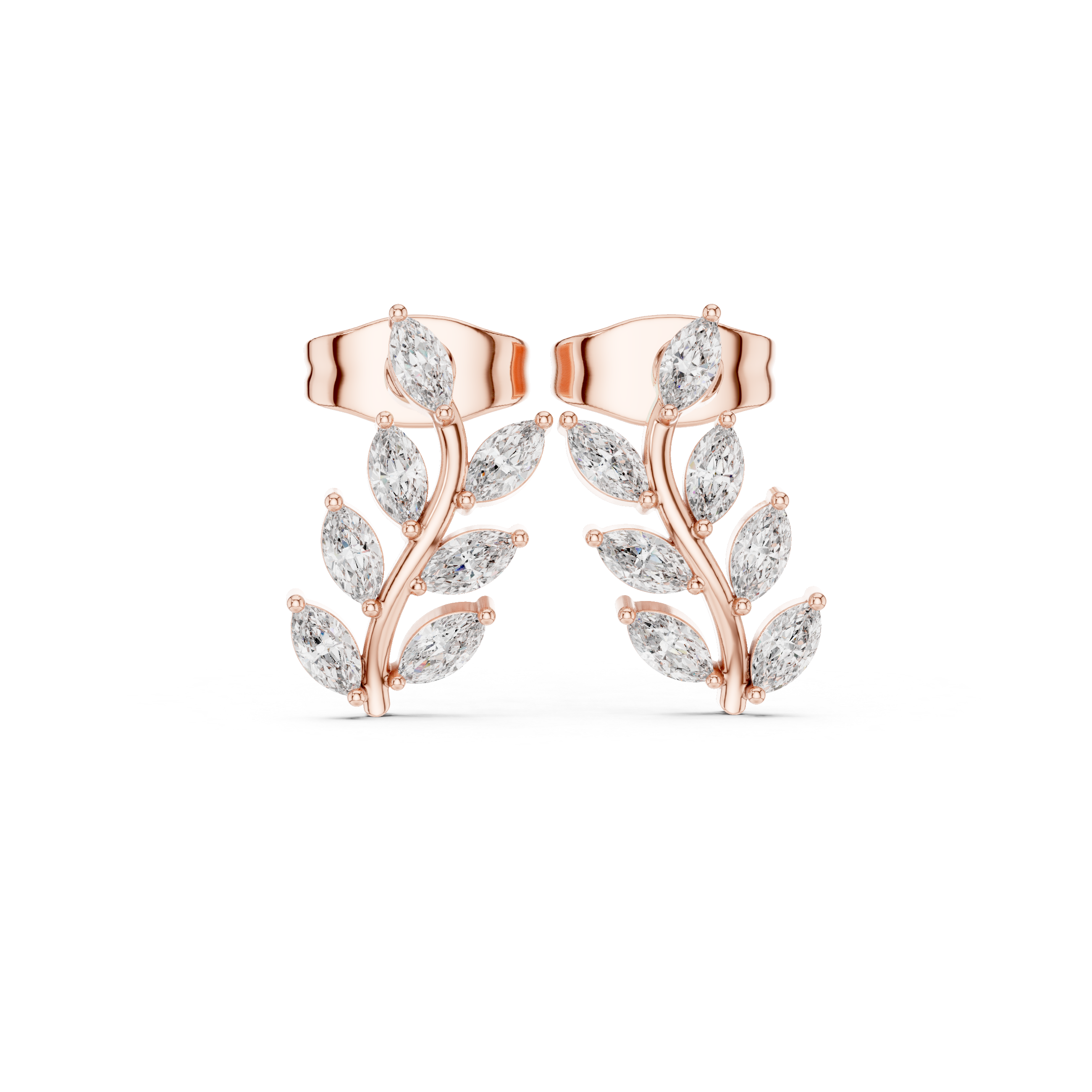 Rose Gold Marquise Diamond Leaf Branch Climber Stud Earrings