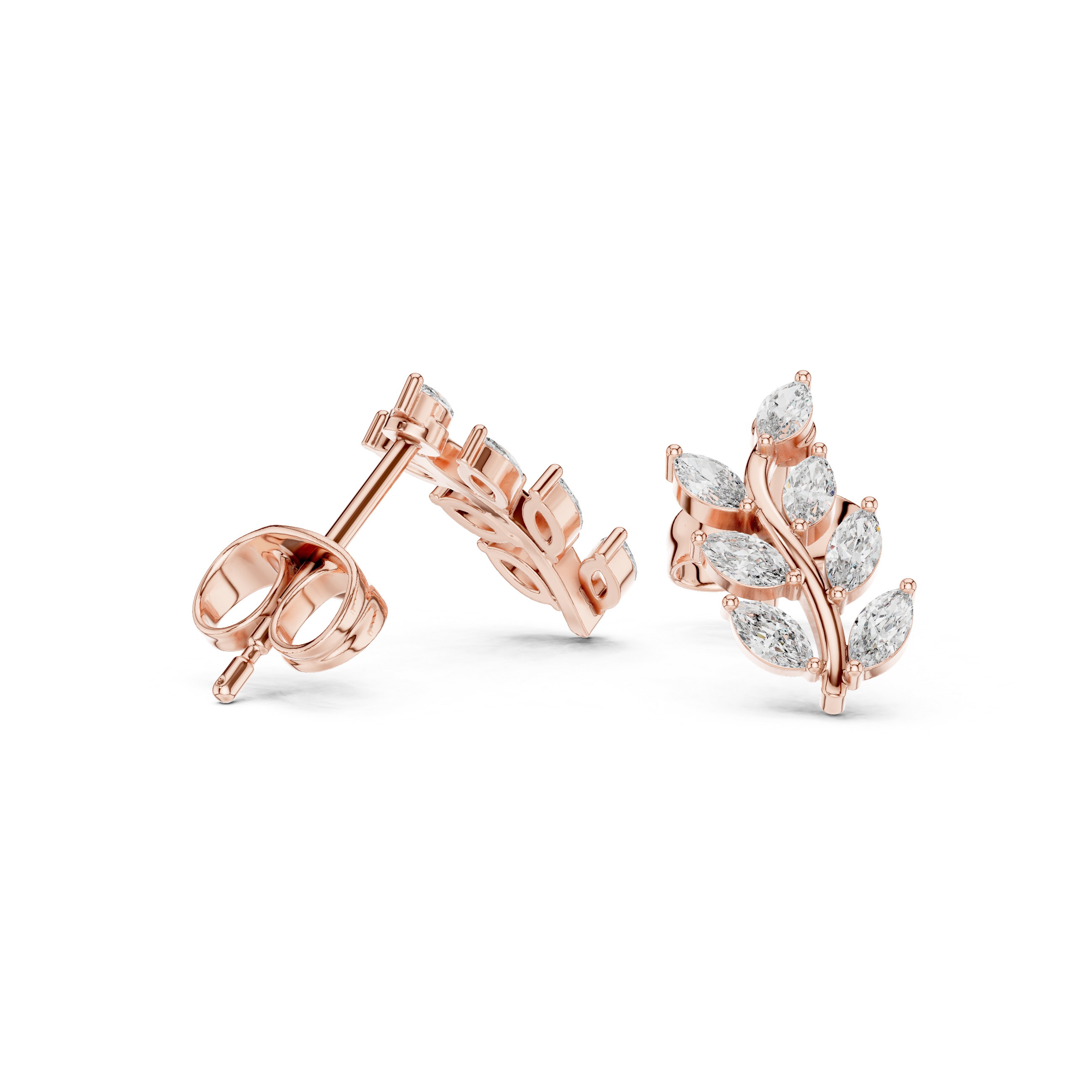 Rose Gold Marquise Diamond Leaf Branch Climber Stud Earrings