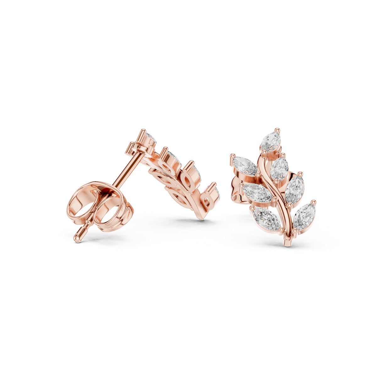 Rose Gold Marquise Diamond Leaf Branch Climber Stud Earrings