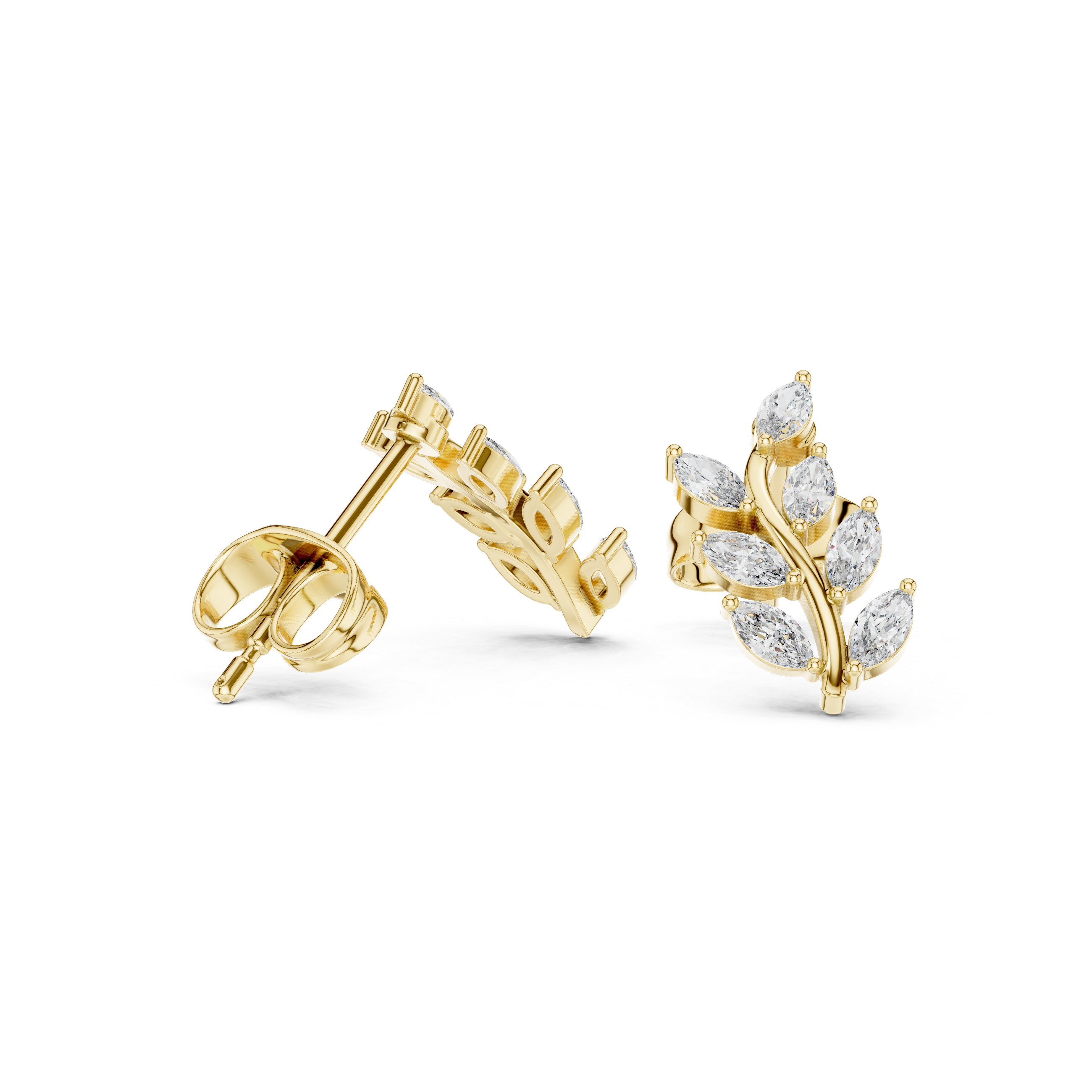 Rose Gold Marquise Diamond Leaf Branch Climber Stud Earrings