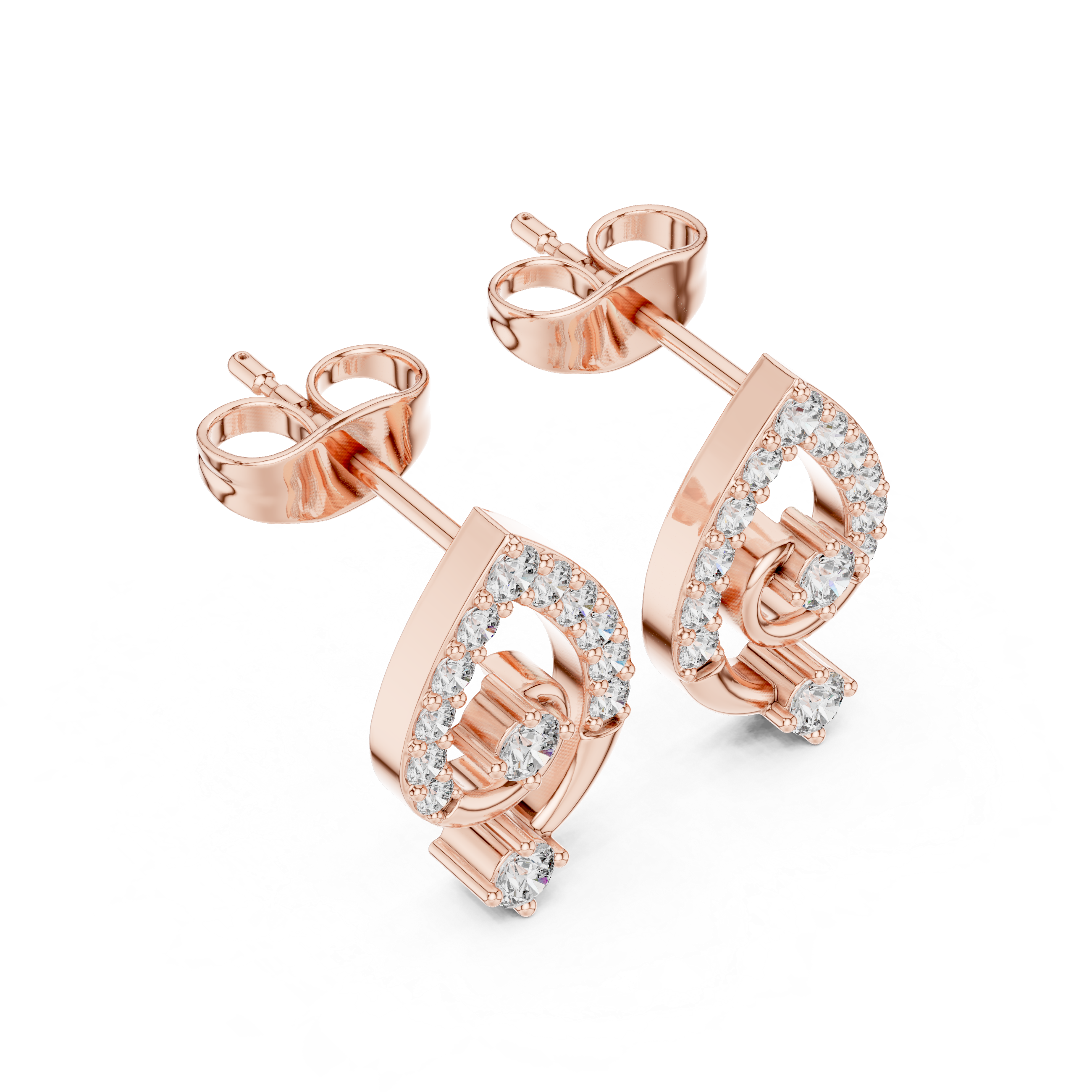 Rose Gold Abstract Curved Loop Diamond Stud Earrings