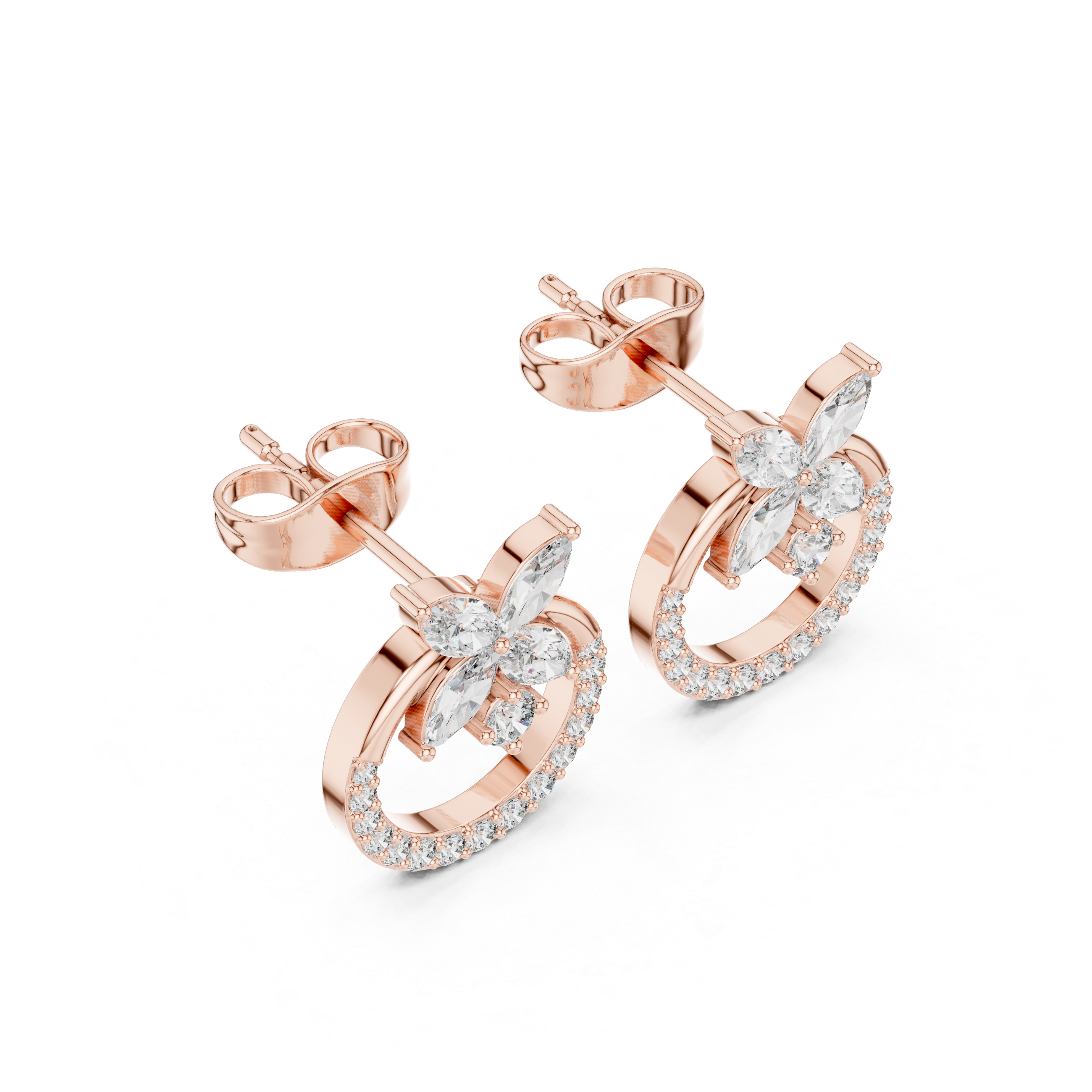 Rose Gold Marquise Butterfly Floral Halo Stud Earrings