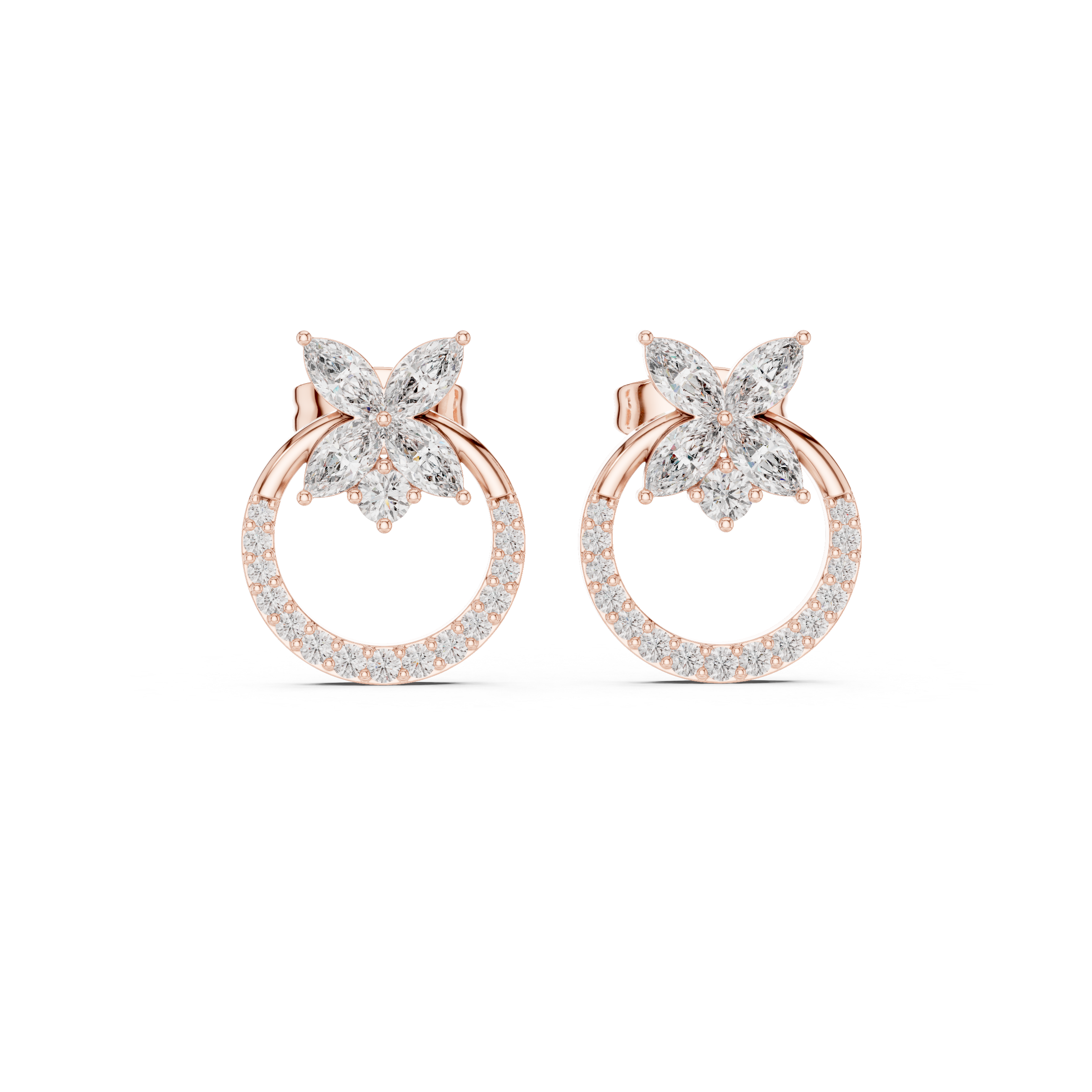 Rose Gold Marquise Butterfly Floral Halo Stud Earrings