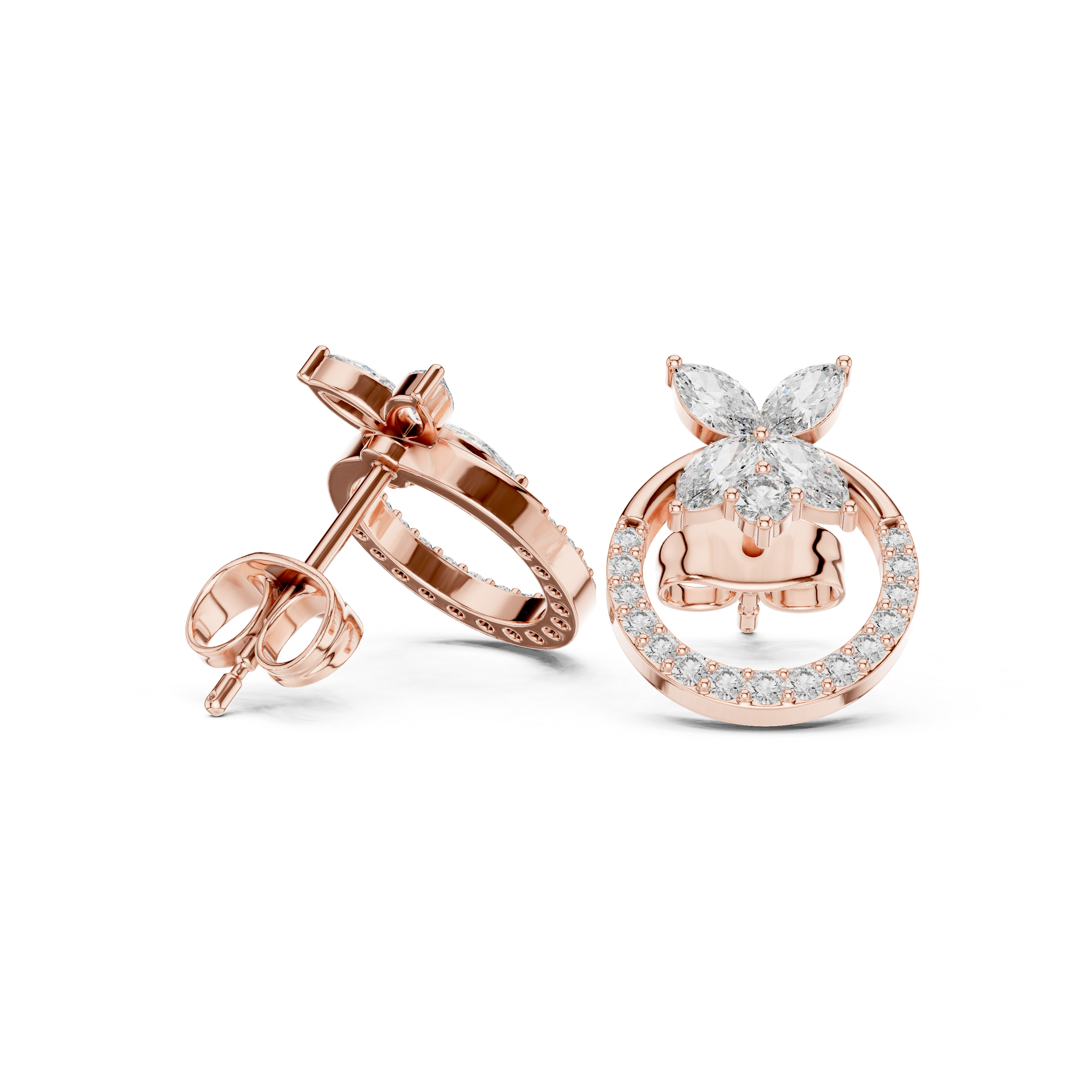 Rose Gold Marquise Butterfly Floral Halo Stud Earrings