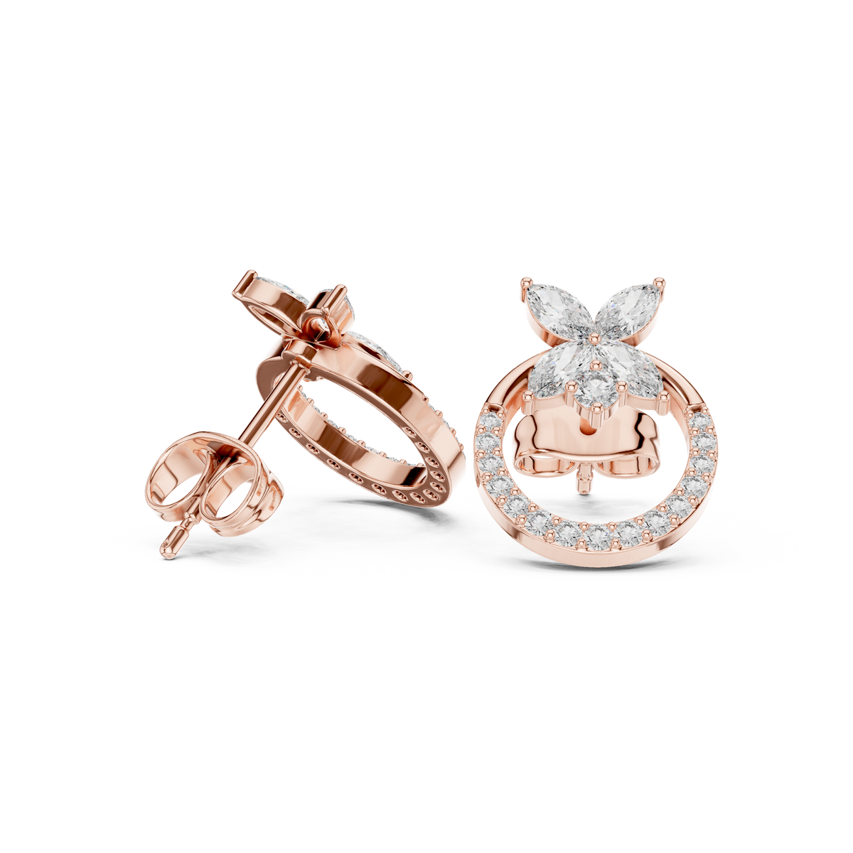 Rose Gold Marquise Butterfly Floral Halo Stud Earrings