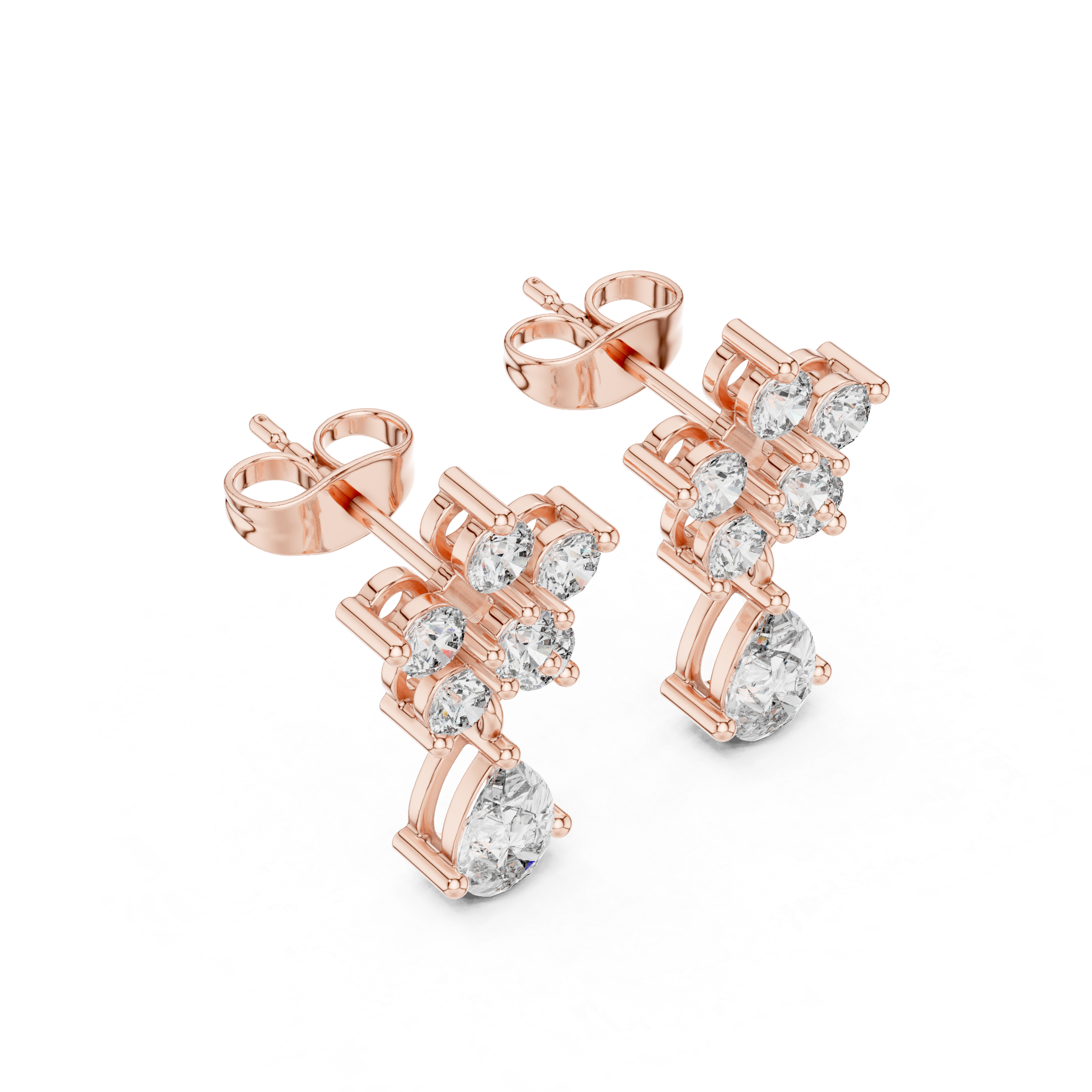 Rose Gold Multi-Stone Cluster Drop Diamond Stud Earrings