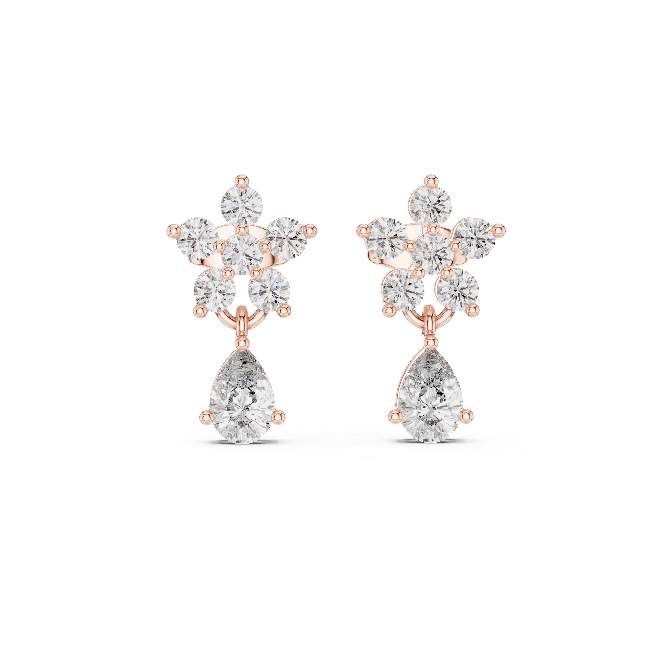 Rose Gold Multi-Stone Cluster Drop Diamond Stud Earrings